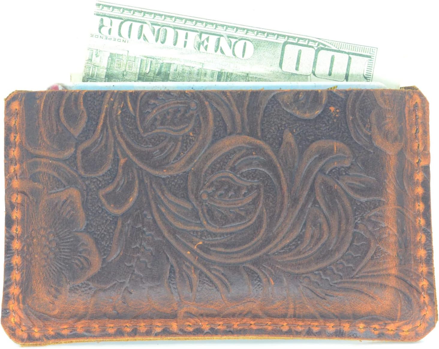 JJNUSA Handmade Leather Business Card Case Holder for Men & Women Minimalist Leather Wallet Card Holder Distressed Gifts Flower brown - Image 2