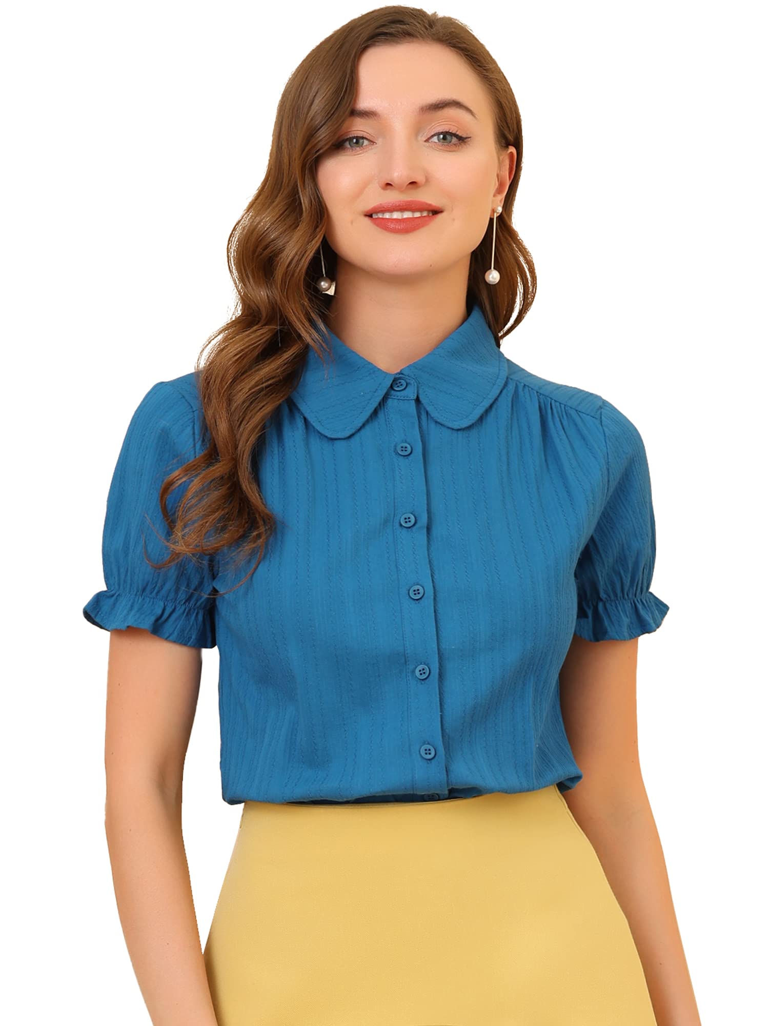 Allegra KWomen's Cotton Short Sleeve Button Down Peter Pan Collar Blouse