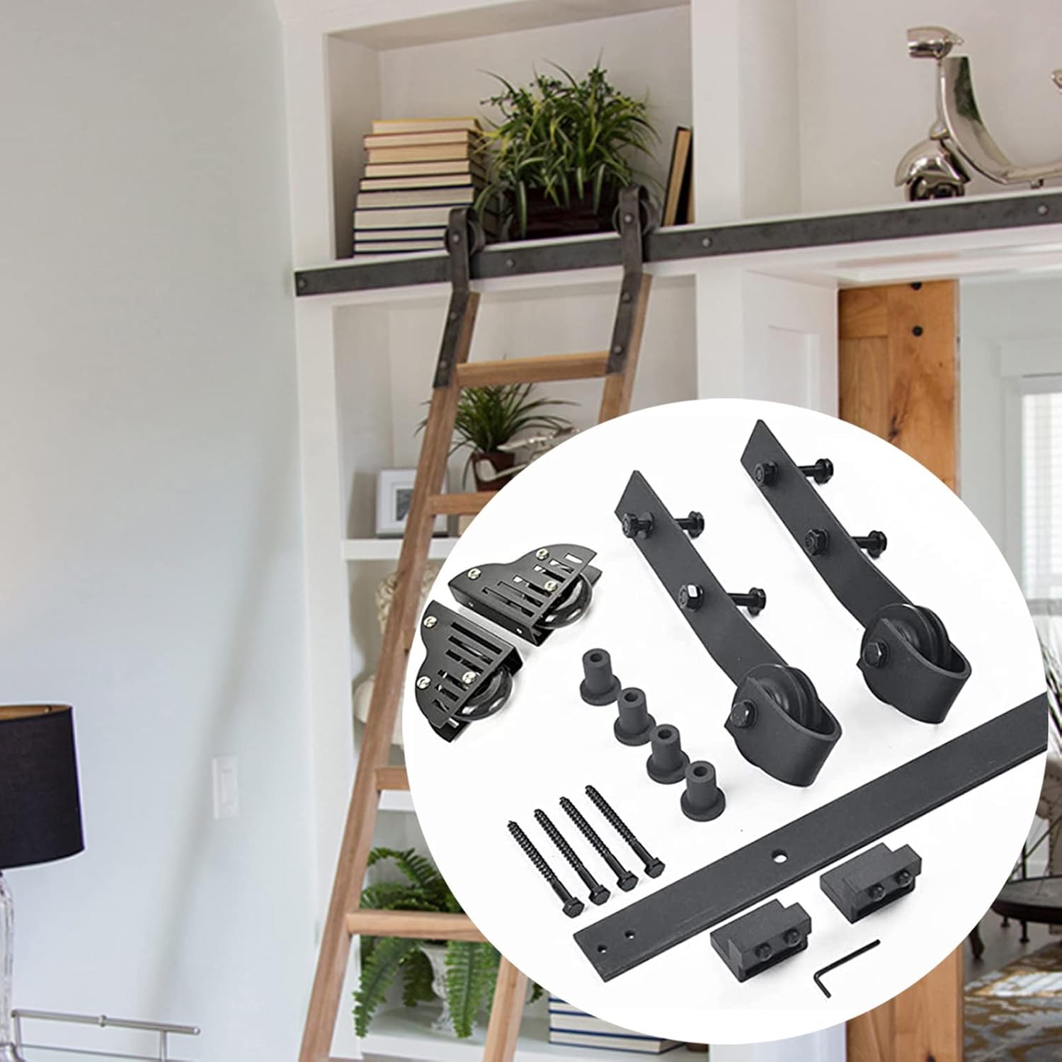 5ft-13ft Mobile Ladder Rail Rolling Library Ladder Hardware with Floor Roller Wheels Home Loft Office Sliding Ladder Kit (No Ladder) (Size : 6.6ft/200cm Track Kit)