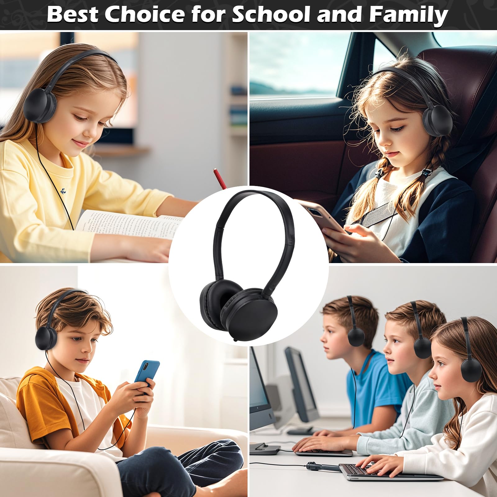 Auriculares para niños, paquete de 25 unidades para aula, escuela, juego de auriculares al por mayor para estudiantes, adolescentes, niños y adultos, conector de 3,5 mm (negro)