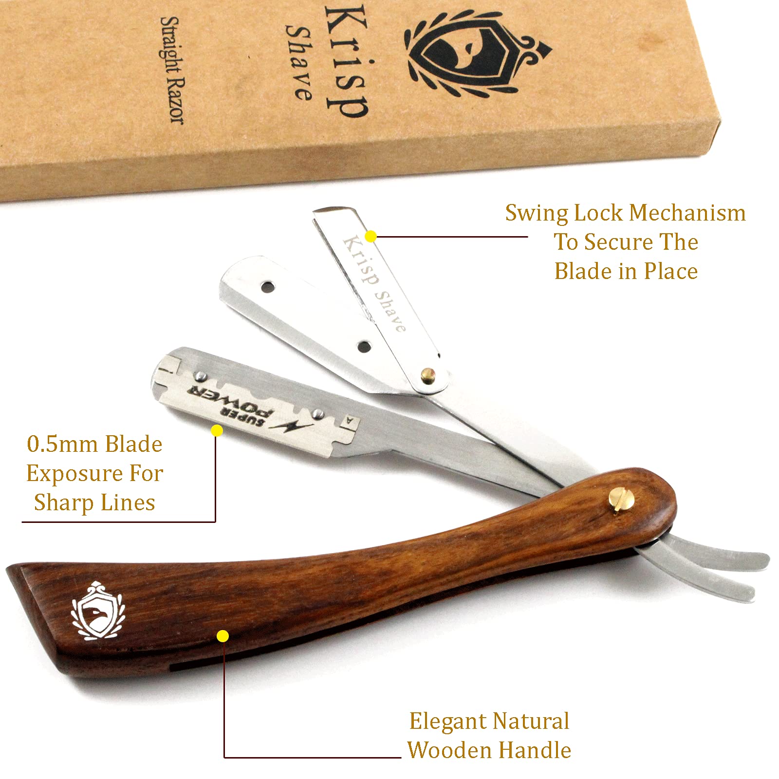 Krisp Beauty - Maquinilla de afeitar profesional de borde recto, mango de madera natural, afeitado en húmedo, afeitadora manual para hombres, peluquería, calidad de salón de belleza, acero inoxidable 2