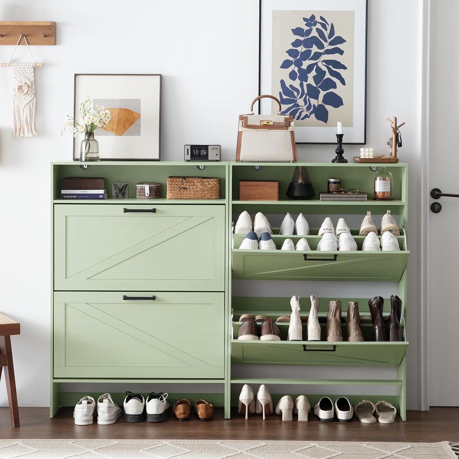 RWYHG Shoe Storage Cabinet with 2 Flip Drawers,Farmhouse Narrow Shoe Organizer with Legs,Freestanding Hidden Slim Shoe Rack Cabinet with Open Storage for Entryway,Hallway, Foyer, Green,2PCS