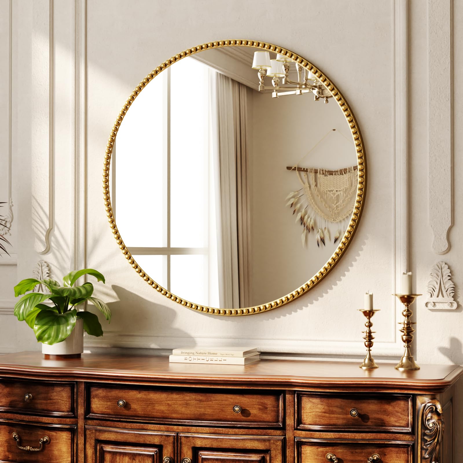 Koonmi Miroir mural rond 70 cm Petit cadre de perles en verre trempé Convient pour chambre à coucher, salle de bain, etc., Doré