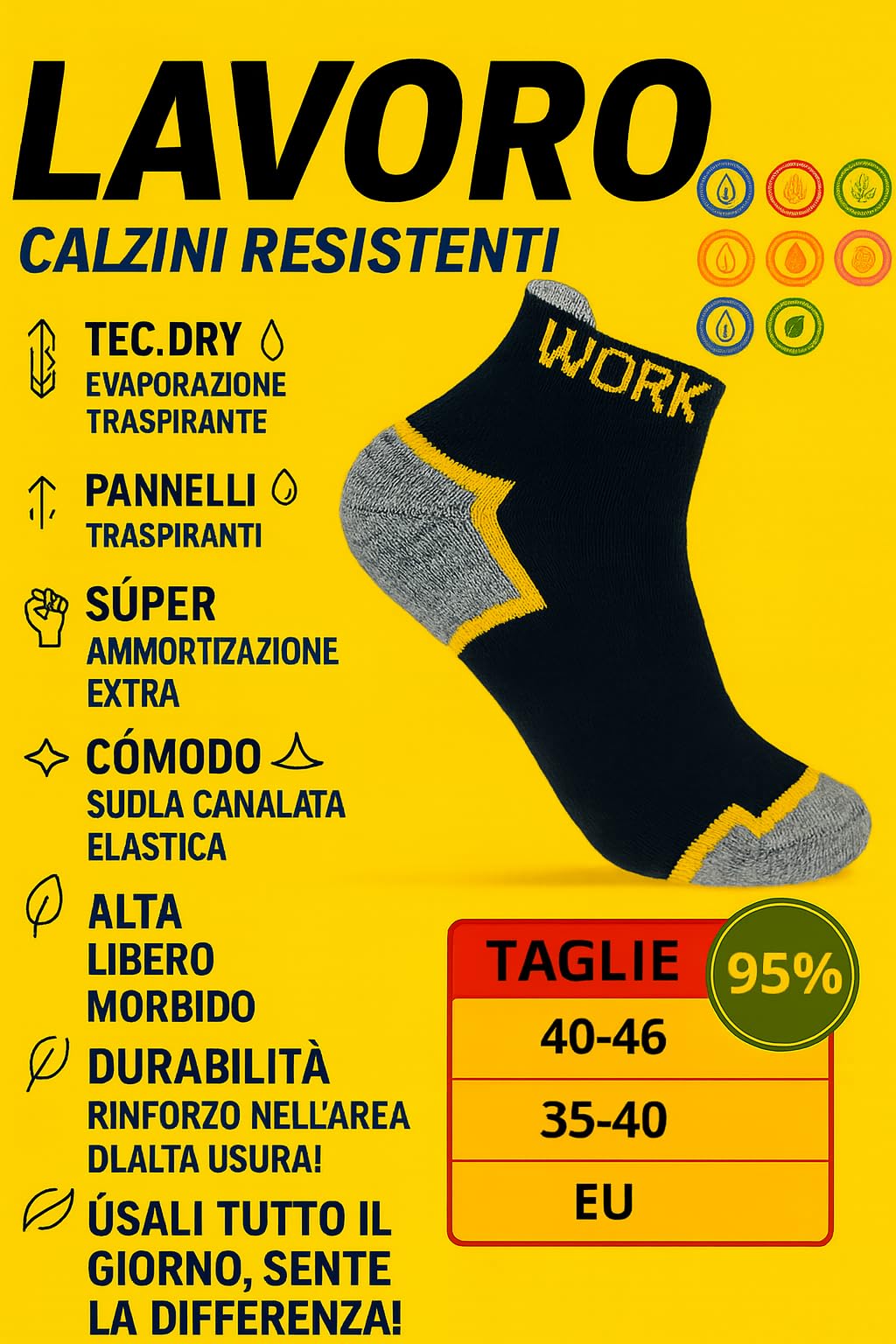 PS PROUTHS Calze da Lavoro Uomo Estivi, Calzini da Lavoro Donna Estivi, 95% Cotone, Imbottitura extra morbida e confortevole, calzini resistenti e durevoli ideali per scarponi da lavoro.