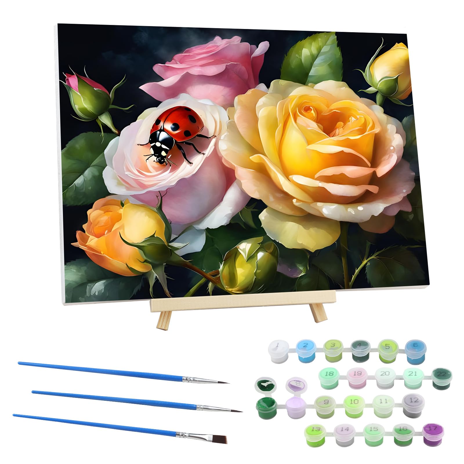 EOBROMD Flower Paint by Numbers for Adults on Framed Canvas, Ladybug Paint by Numbers Kits with Wood Easel, Oil Acrylic Craft Art Painting Kits for Home Wall Decor 12x16 in