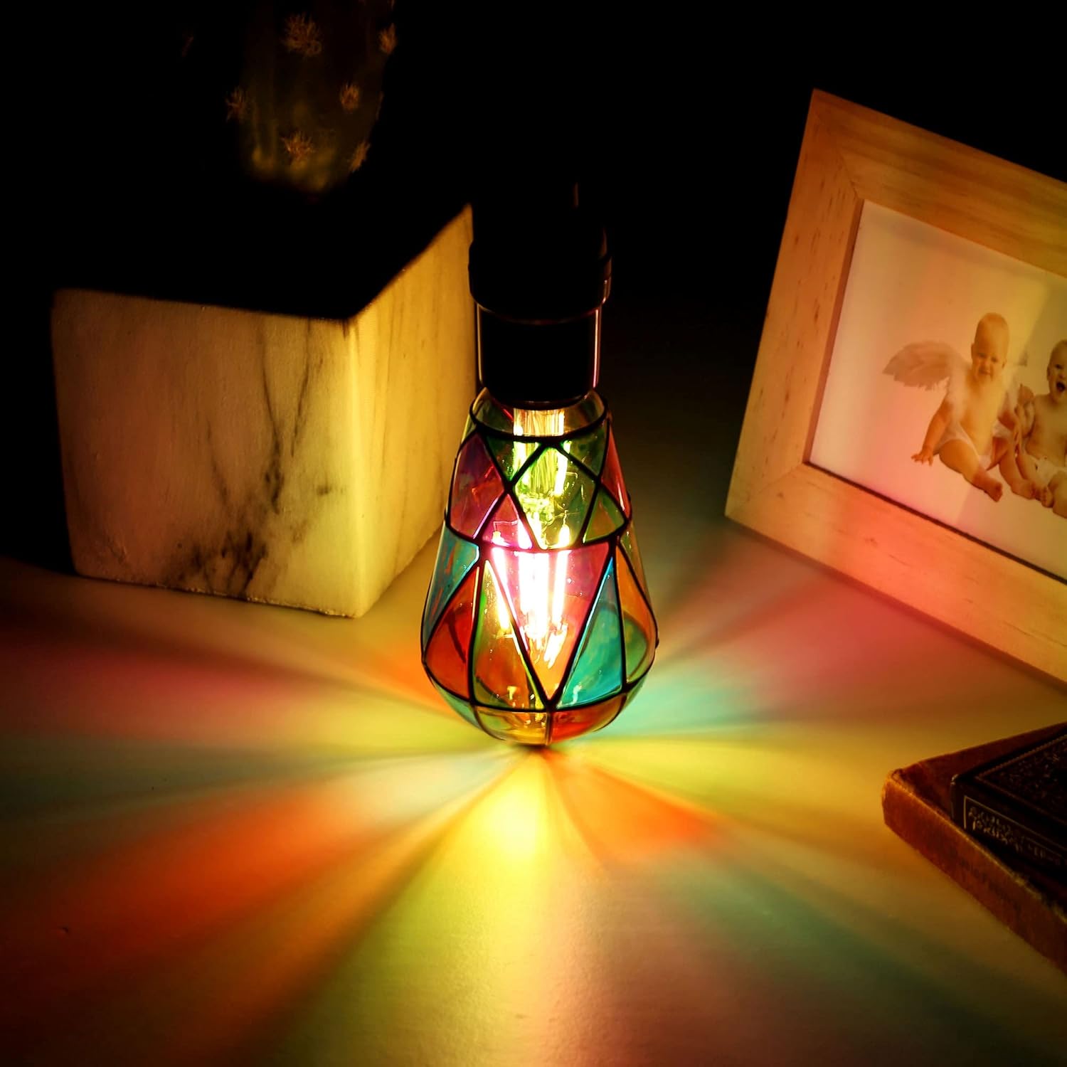 2 Pack Stained Glass LED Light Bulb, Dimmable E26 Medium Base, ST64 3.5W LED Bulb for Home Party, Balcony, Garden, Christmas Halloween Decoration