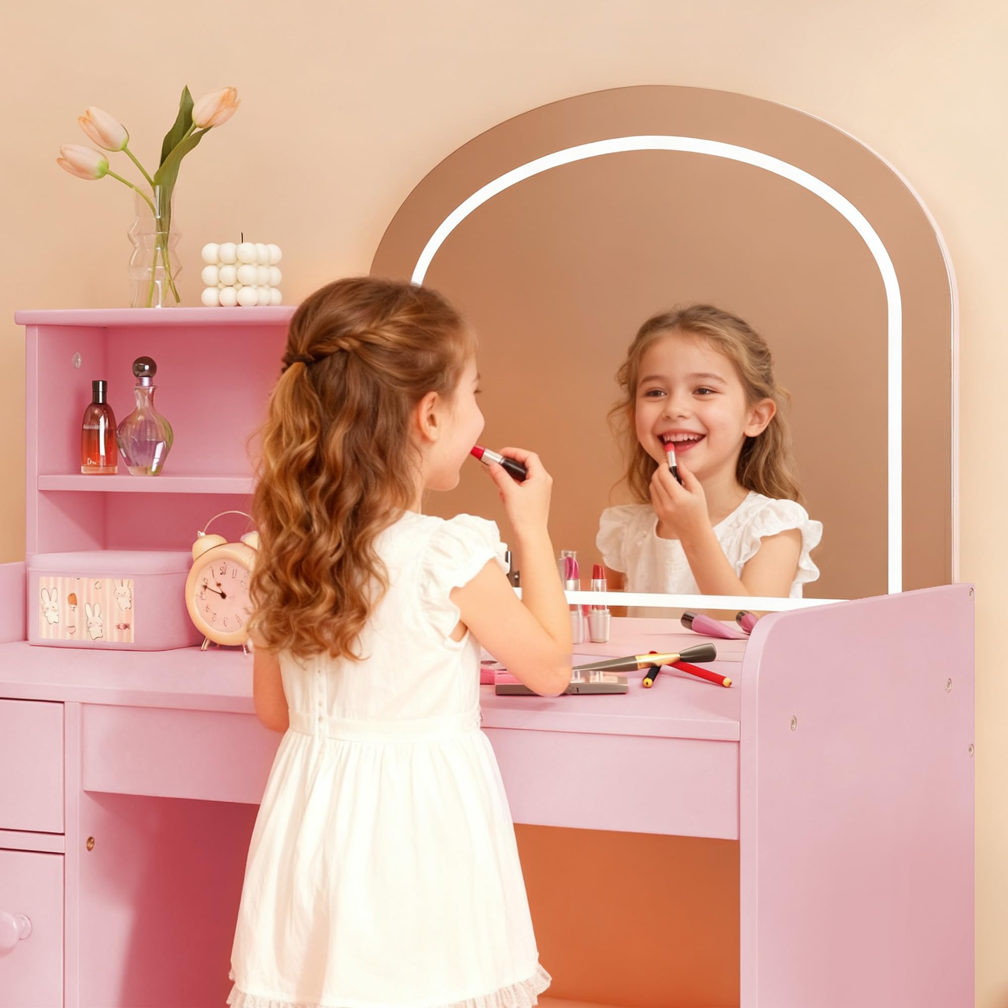 Gizoon Escritorio de tocador para niños con espejo y luces, color rosa