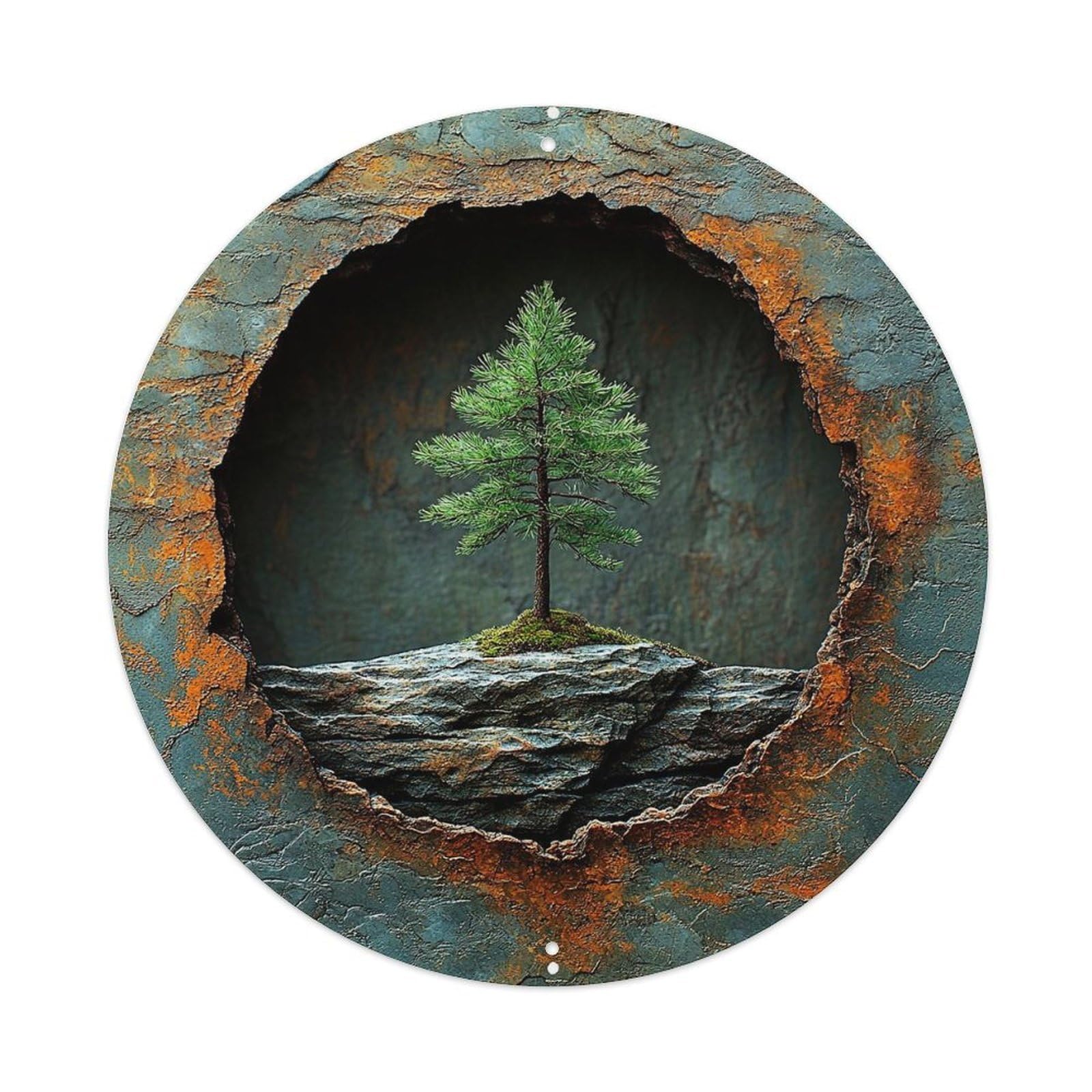 Tree On Rock In Circle Round Tin Sign Vintage Metal Sign Home Bar Garden Indoor & Outdoor Wall Decor Retro Metal Poster 8x8 Inch