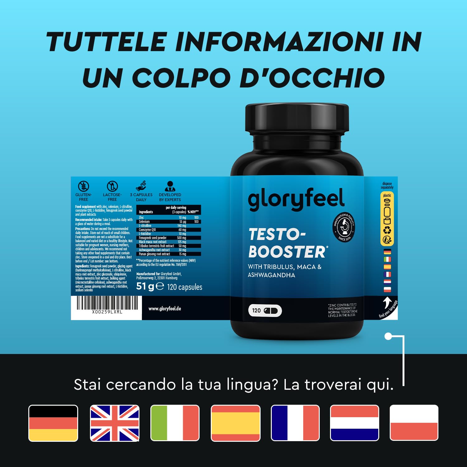 Testosterone Uomo Booster Extra, Dosaggio Ottimale, con Maca (20:1), Tribulus Terrestris (25:1), 500mg di Fieno Greco, Ginseng, Citrullina, Ashwagandha - 120 Capsule, Integratore Uomo