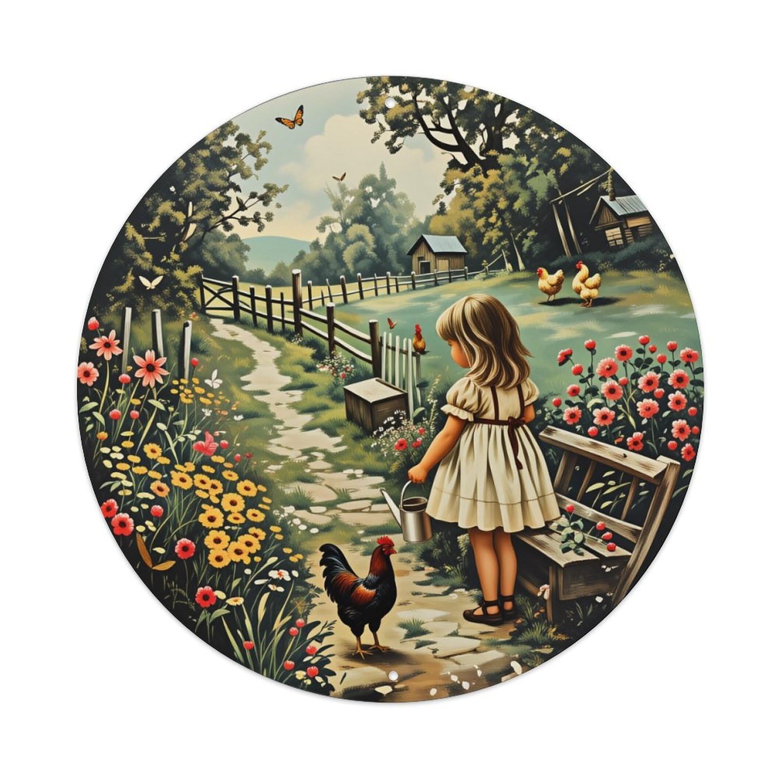 Rural Garden Scene With Child Round Tin Sign Vintage Metal Poster Retro Bar, Home, Man Cave, Kitchen, Laundry Room Wall Art Decor Gift 8x8In