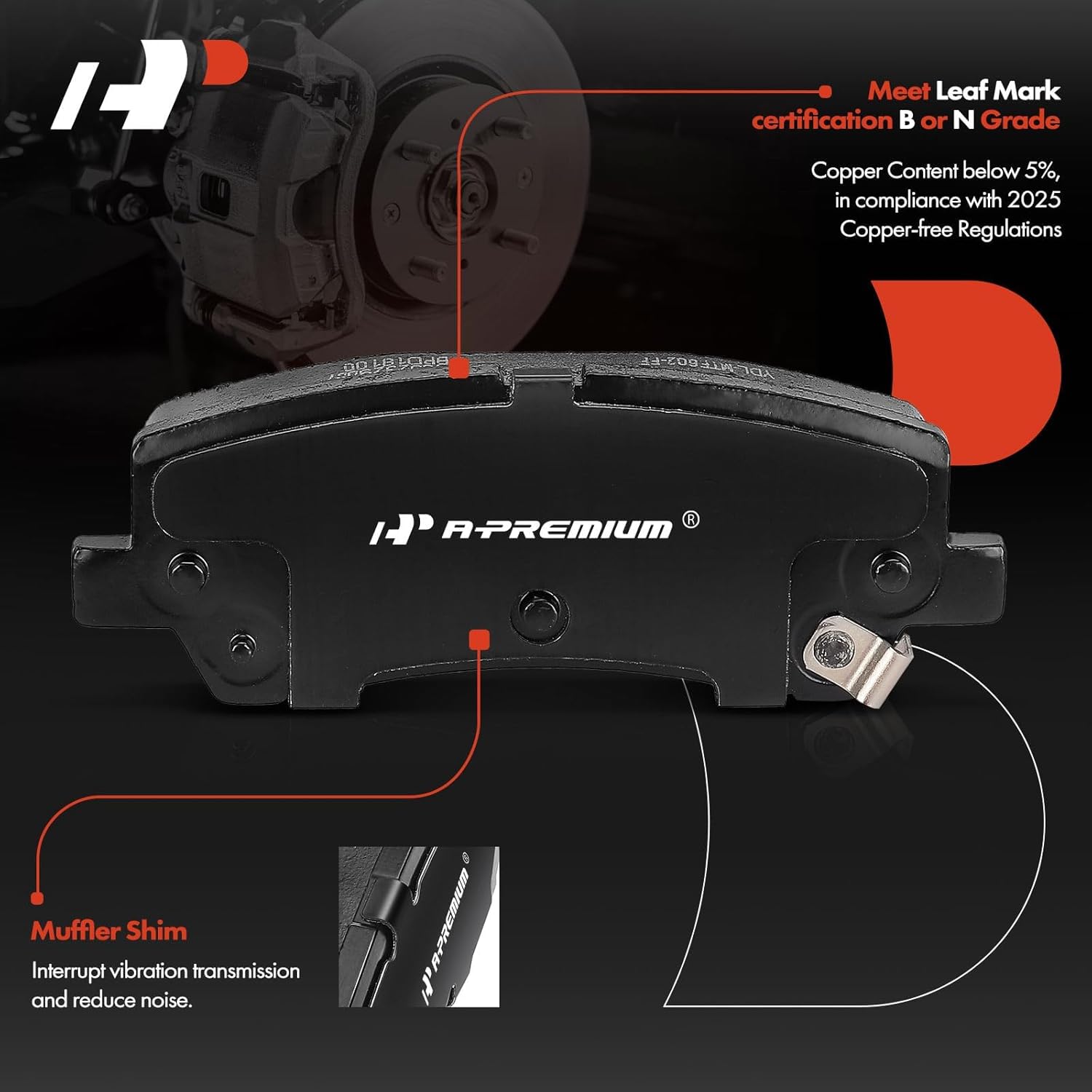 A-Premium Rear Ceramic Brake Pads Set Compatible with Ford Mustang 2015-2021, 4-Pack