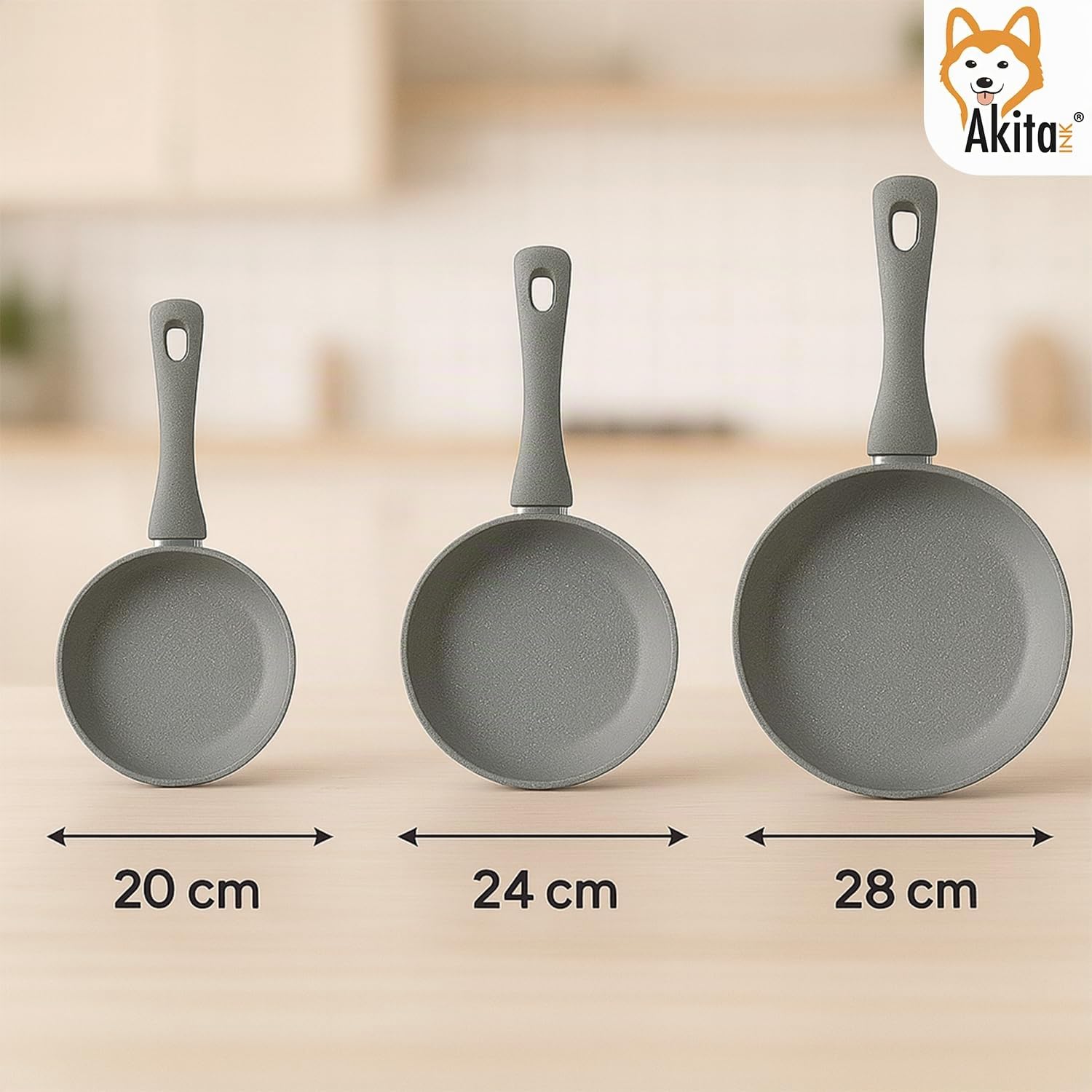 AKITAInk Set 3 Padelle Primolla Stone Effetto Pietra Antiaderenti - Tris Padelle Diametro 20-24-28 cm, Rivestimento 6 Strati, Manico Ergonomico, Made in Italy