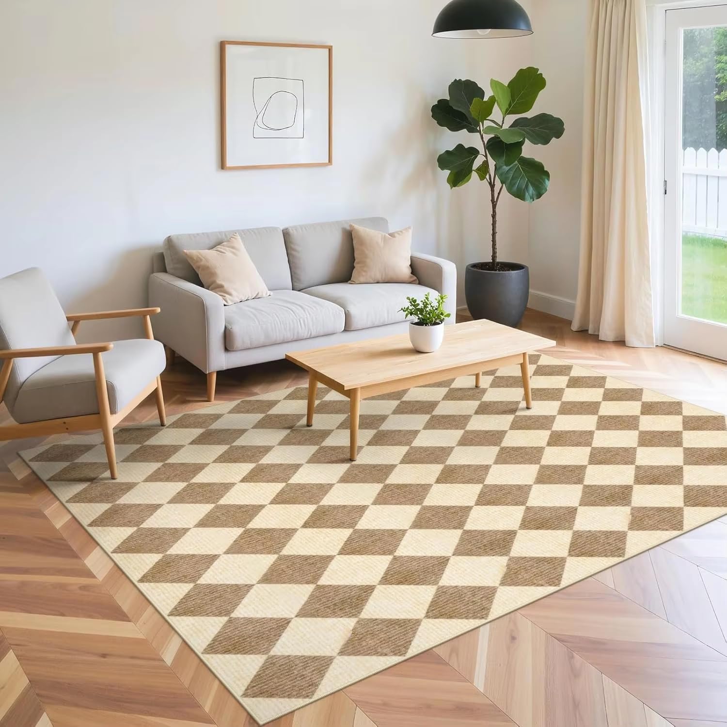 Tapis à carreaux salon géométrique neutre lavable 90x150cm