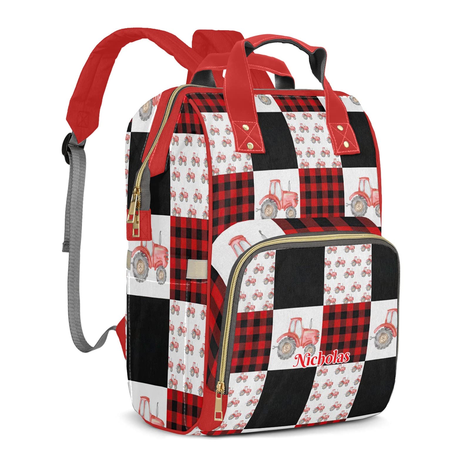 XIUCOO Custom Watercolor Red Plaid Cute Farm Tractor Diaper Bag Backpack with Name Personalized Nappy Shoulders Bag Women Men Gifts
