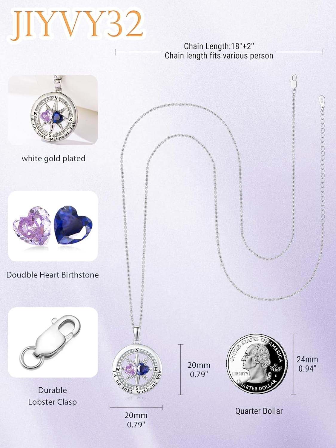 Compass Necklace for Women, Exquisite S925 Valentines Day Anniversary Birthday Gifts for Wife Her Double Birthstone Pendant Jewelry ‘I'd be Lost Without You’ - Image 2