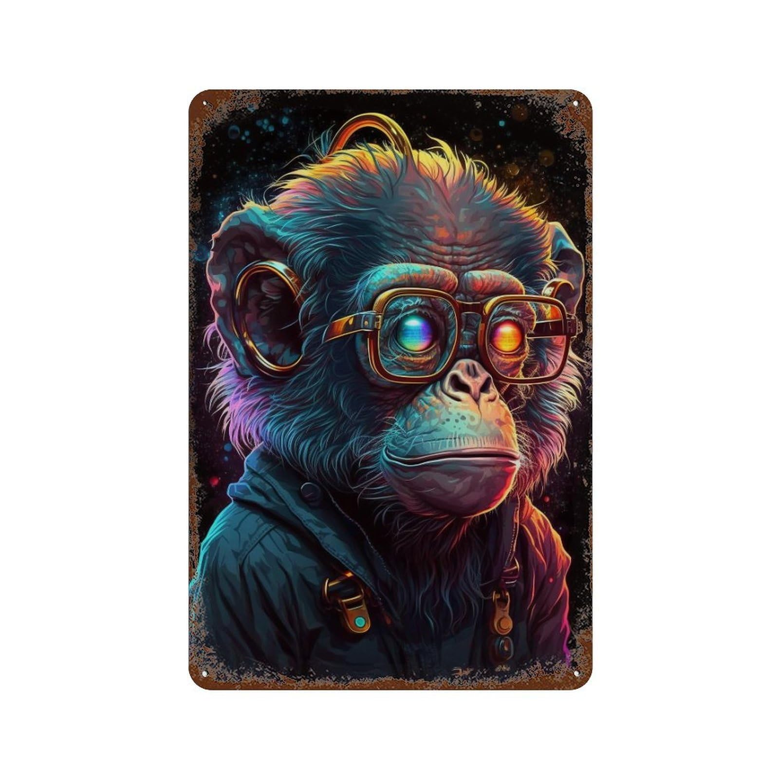 Garage Style Charming Chimpanzee with Glasses Rust Effect Tin Sign 11.8"x7.9", Shabby Chic Decor for Bar And Workshop