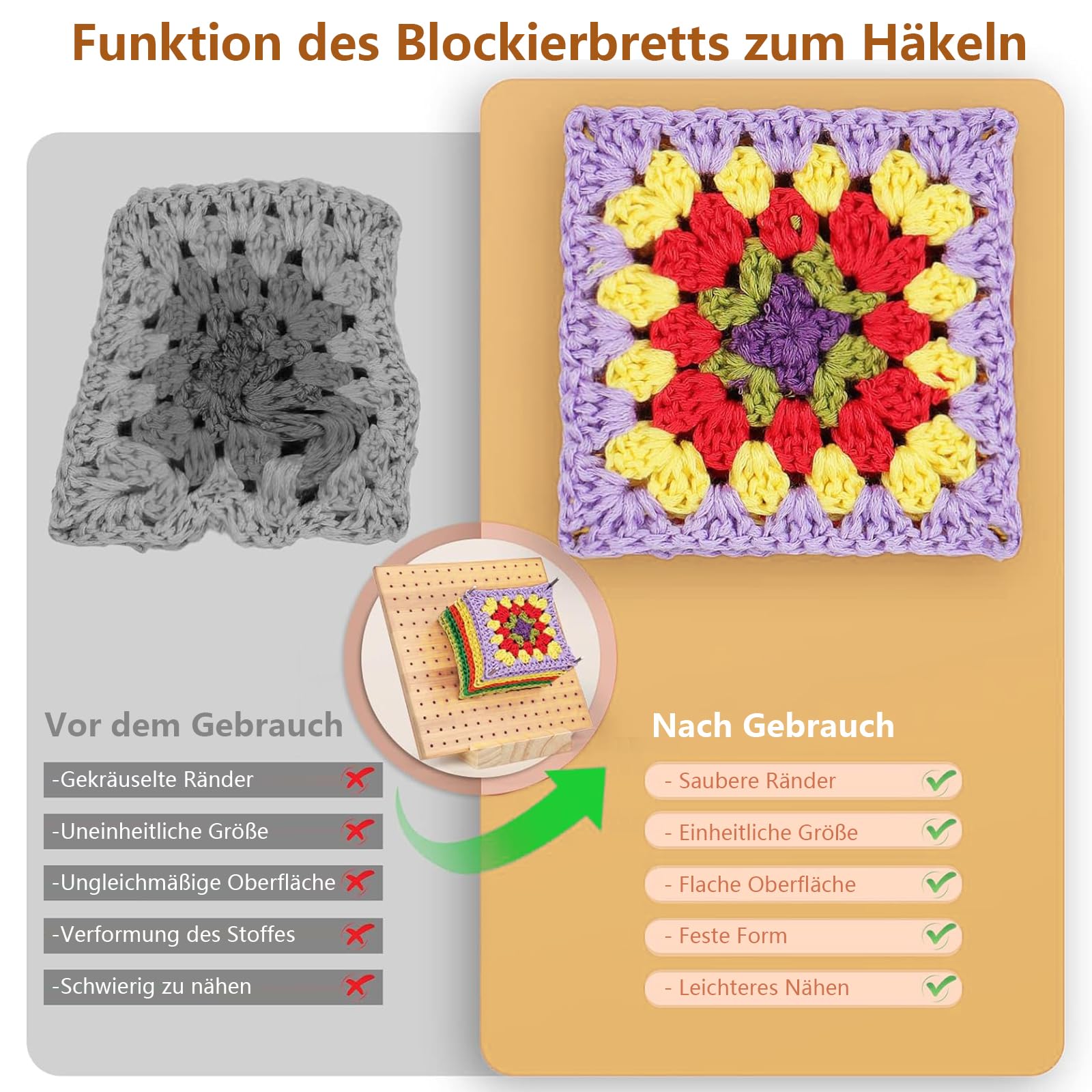 Tavola di blocco in legno, 20 cm, con 24 perni in acciaio inox in 2 misure (10 cm/15 cm) e 5 aghi, per Granny Square