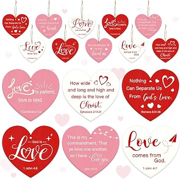 60Pcs Christian Valentines Day Decorations Wooden Heart Ornaments Hanging for Tree Religious Heart Shaped Wooden Hanging Pieces Christian Valentines Day Decor with Rope for Wedding Home Decor