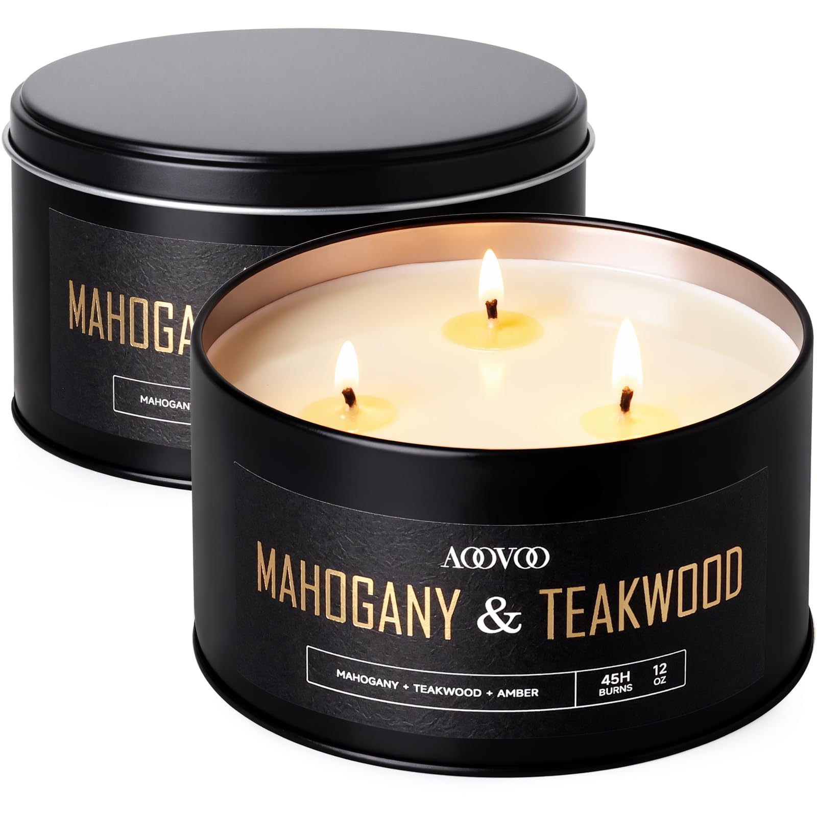 AOOVOO 2 Pack Mahogany Teakwood Candles for Men - 3 Wick 24oz Black Candle