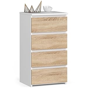 AKORD | Cajonero con 4 cajones | Cómoda Alta | Mueble Moderno para Sala de Estar, Comedor, Dormitorio, Entrada, baño | Armario Infantil | 35x40x74 cm | Blanco &amp; Roble Sonoma Frente