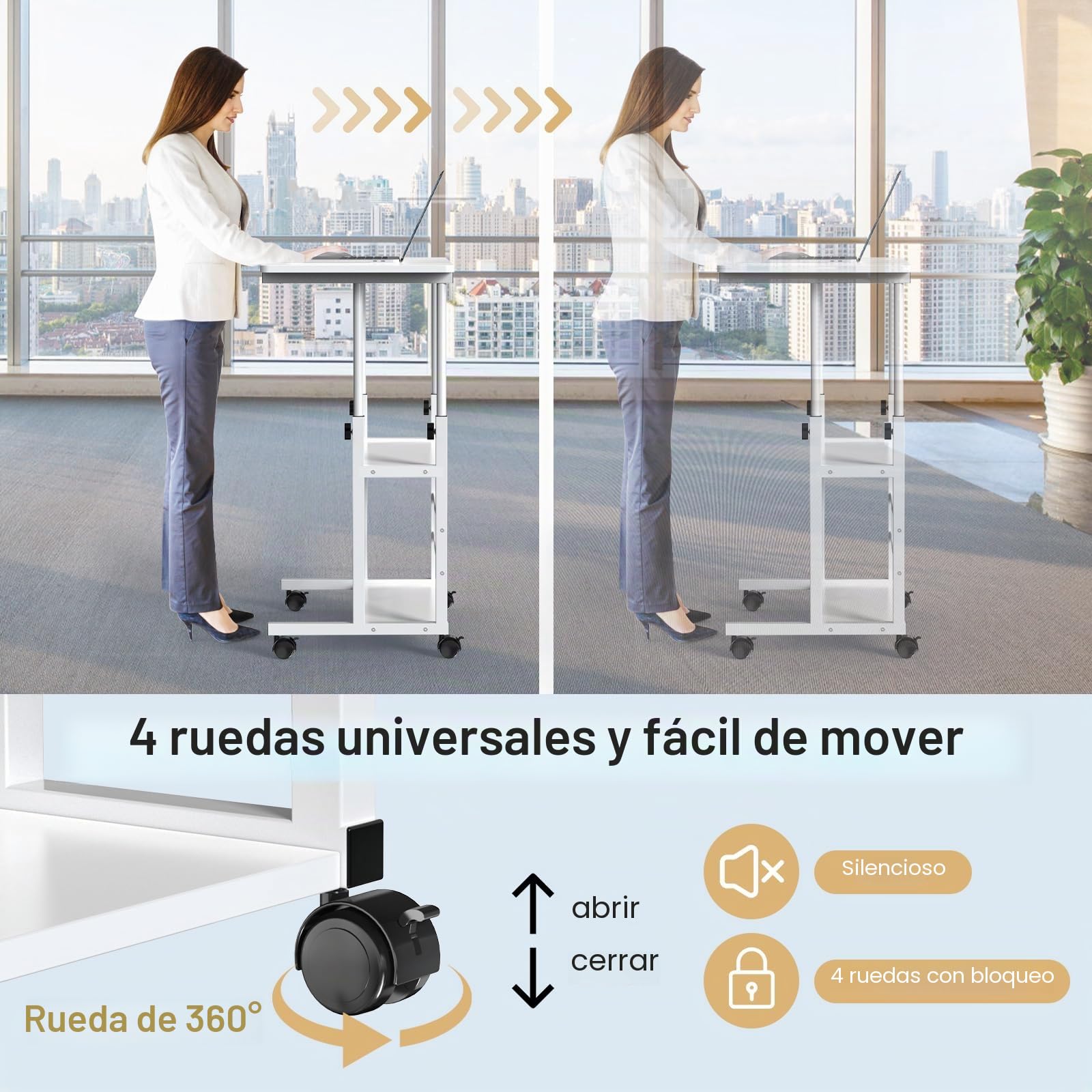 Escritorio de altura regulable 80 x 40 x 74,5 – 95,5 cm, mesa auxiliar móvil, mesa auxiliar móvil, mesa de escritorio con estantes para habitaciones, oficina en casa, mesa blanca