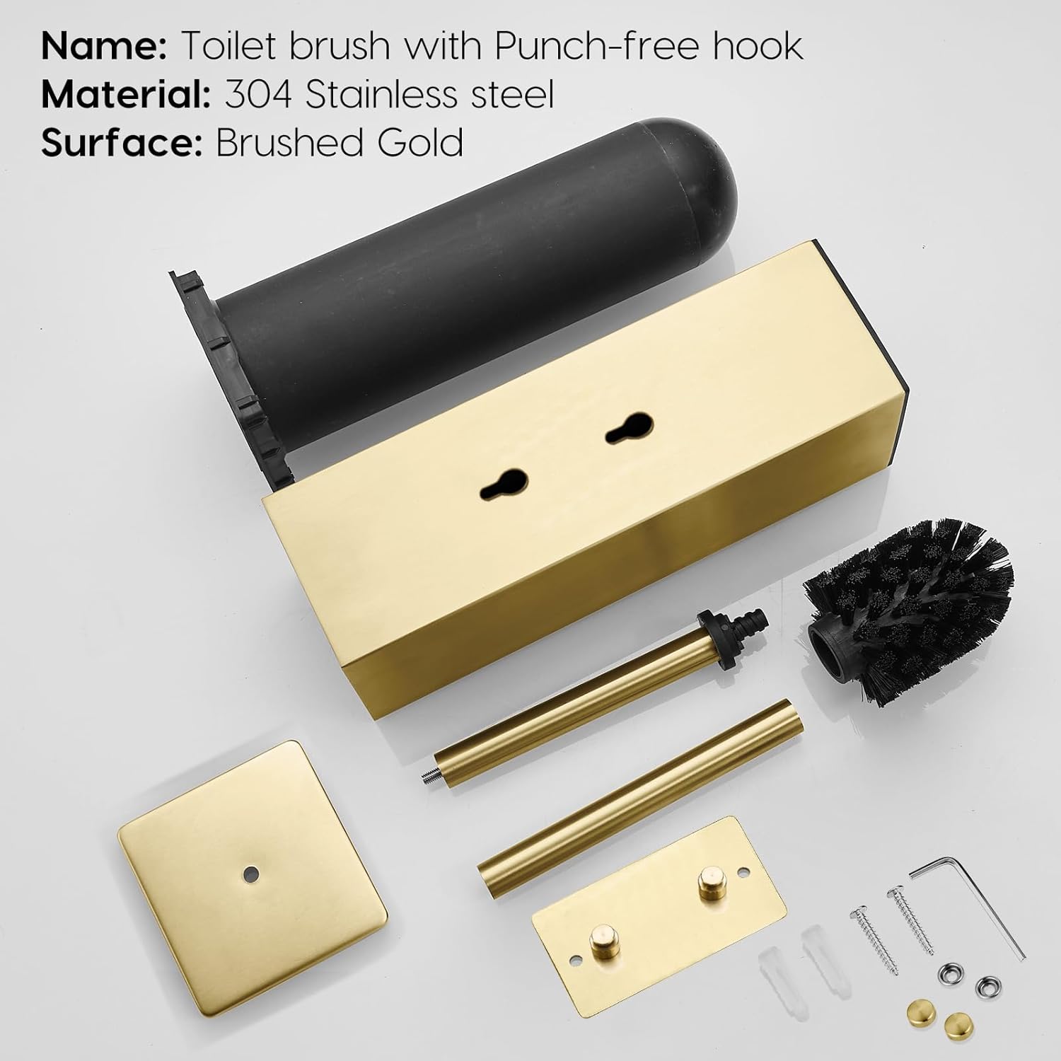 Brushed Gold Stainless Steel Square Toilet Brush with Metal Lid Dual-Use Toilet Brush Holder with Drilled + Drill-Free Hook Base Includes Removable Inner Bucket (Brushed Gold)