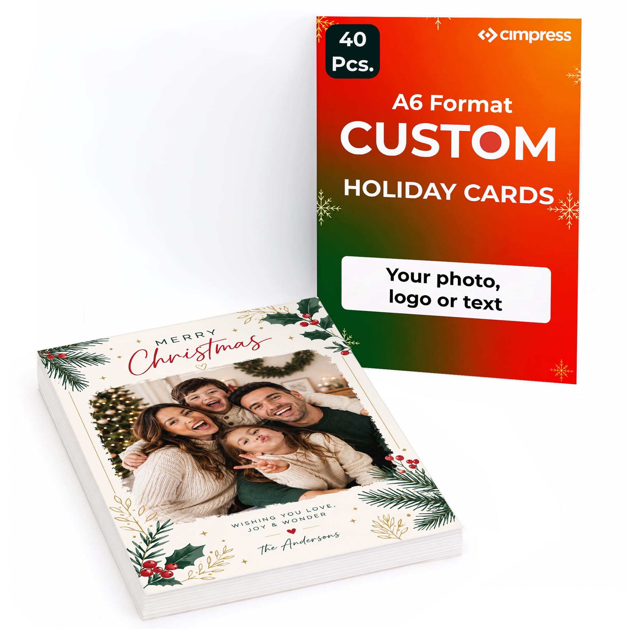 Cimpress Custom Holiday Cards, Photo/Logo/Text, A6 Vertical, Pack of 40