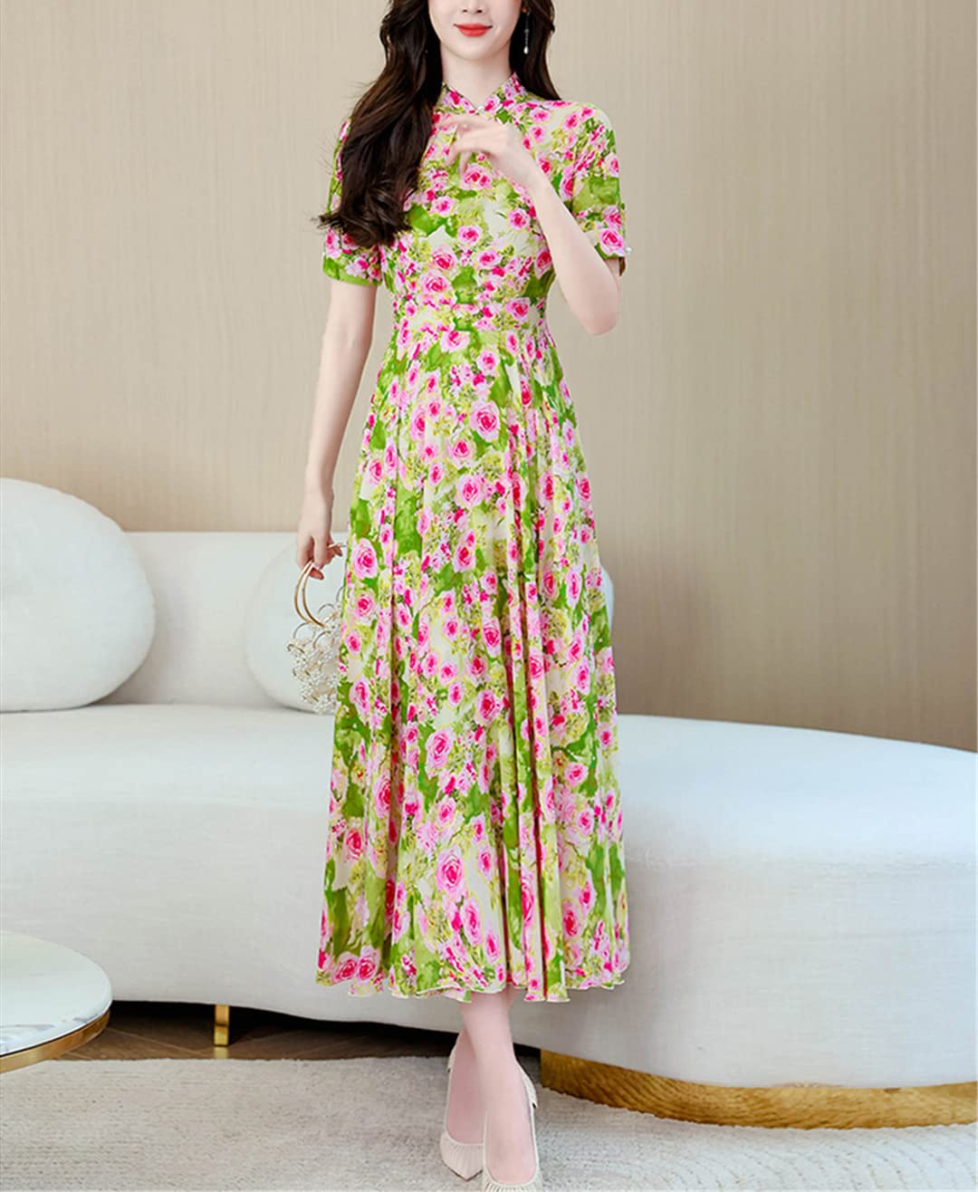 Casual Vintage Chiffon Midi Abiti Vestiti Estivi per Abito Lungo Chic Elegante Donna Floreale Aderente Prom Night