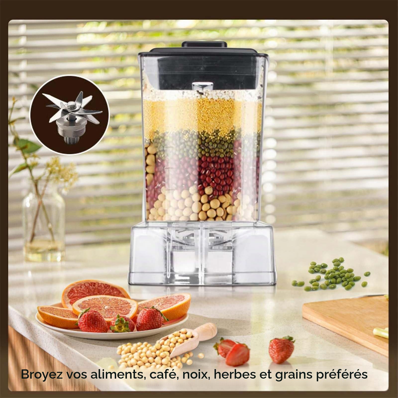 Mixeur Blender 6000W, Blender Professionnel, 2.5L Mixeur Blender Multifonctionnel, 4 Lames en Inox, 10 vitesses,Broyeur Robot Culinaire 2 Pichets, Blender Smoothie Fruits