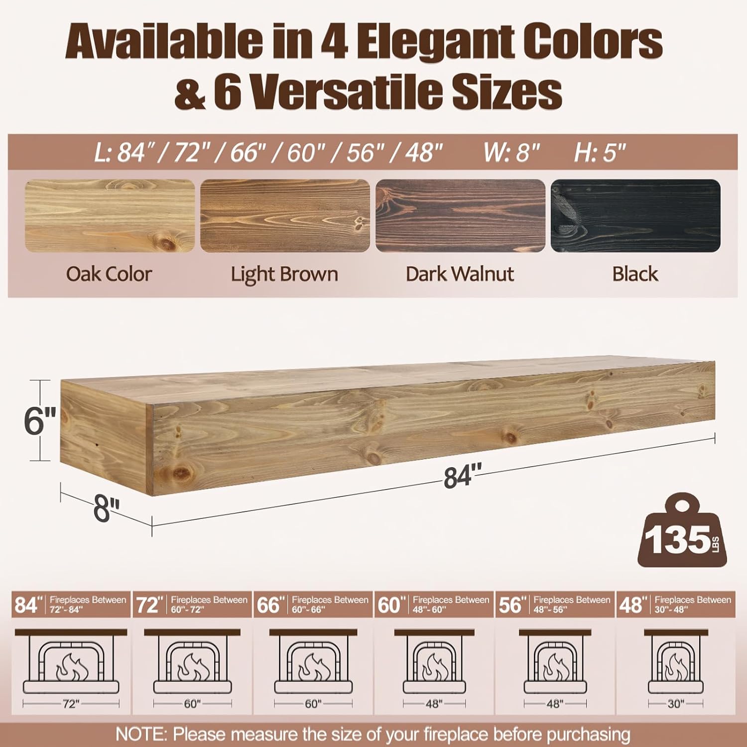Fireplace Mantel Shelf, 84x8x5 Wooden Floating Shelf Over the Fireplace, Wall-Mounted Mantel Shelves, Rustic Floating Mantels Shelves, Oak Color