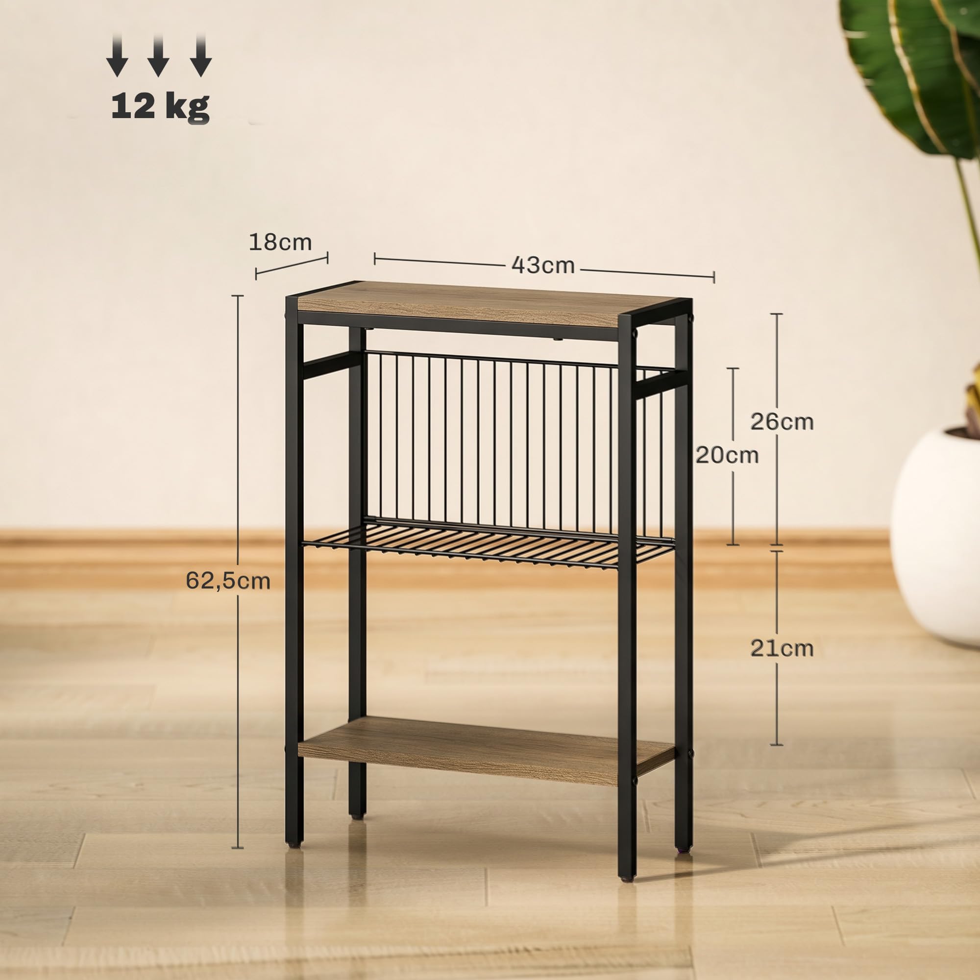 HOMCOM Tavolino stretto a 3 livelli, tavolino industriale con ripiani aperti e struttura in acciaio per soggiorno, camera da letto, 43 x 18 x 62,5 cm, grigio