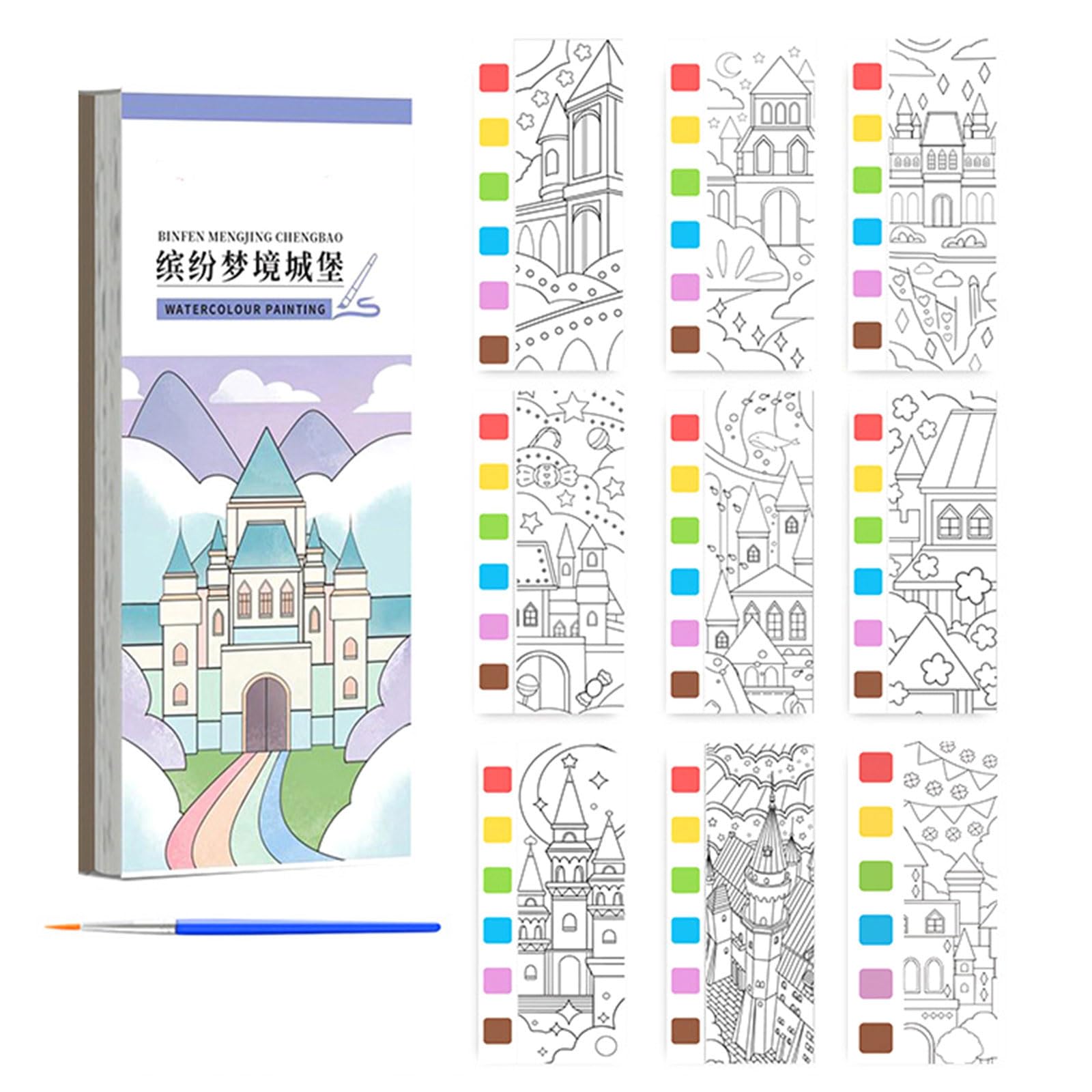 Kaeltsyn Colorful Dream Castl Childrens Watercolor Painting Book With Built In Water Colors And Paint Brush For Toddler Drawing And Doodling Kids Coloring Book With Watercolor