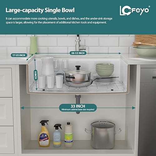 Miniatura 8 de Fregadero de cocina blanco de 33 pulgadas, delantal curvado frontal de arcilla refractaria de cerámica, porcelana, cuenco individual de cocina de