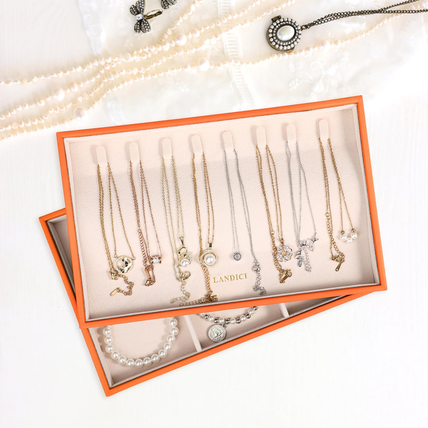 LANDICI Stackable Jewelry Organizer Trays 4 Set,PU Leather Jewelry Organizer Drawer,Jewelry Storage Display Tray for Earring Necklace Rings Bracelet with Removable Dividers,Orange - Image 7