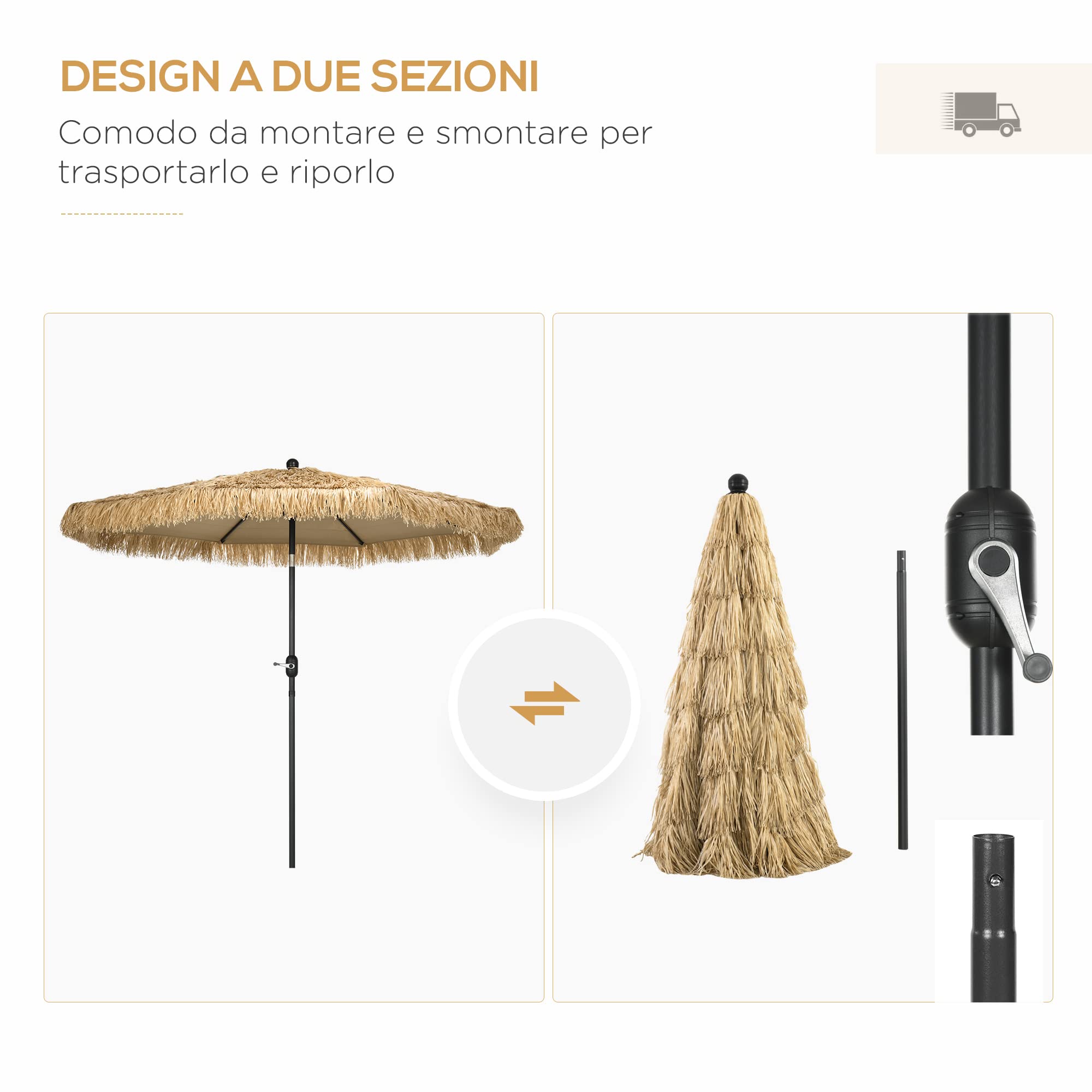 Outsunny Ombrellone da Giardino 2.6x2.6m Inclinabile con Manovella Cachi | Reclinabile, Ombrellone da Esterno Rotondo Hawaiano, 8 Stecche, Alluminio e Poliestere, per Cortile Balcone Terrazzo