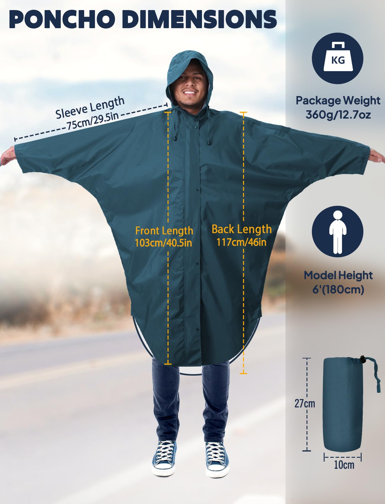 ANYOO Poncho de pluie imperméable avec capuche et manches, Léger manteau de pluie avec poche pour femmes et hommes pour la randonnée, le cyclisme en plein air, taille unique