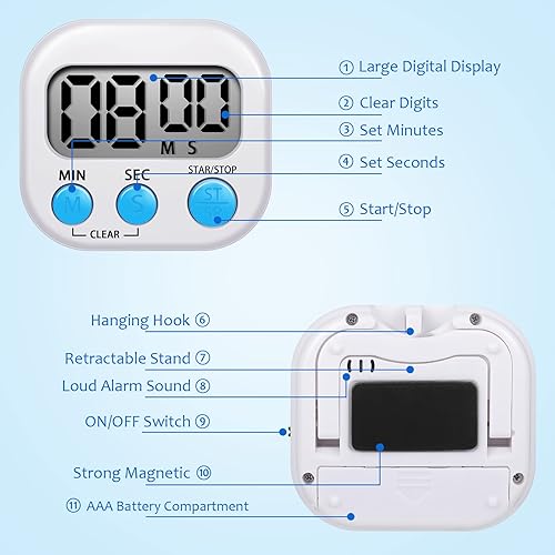 Miniatura 4 de Flutesan Paquete de 6 temporizadores digitales de cocina para el primer día de clases de regreso a clases para cocinar con 6 cordones magnéticos de
