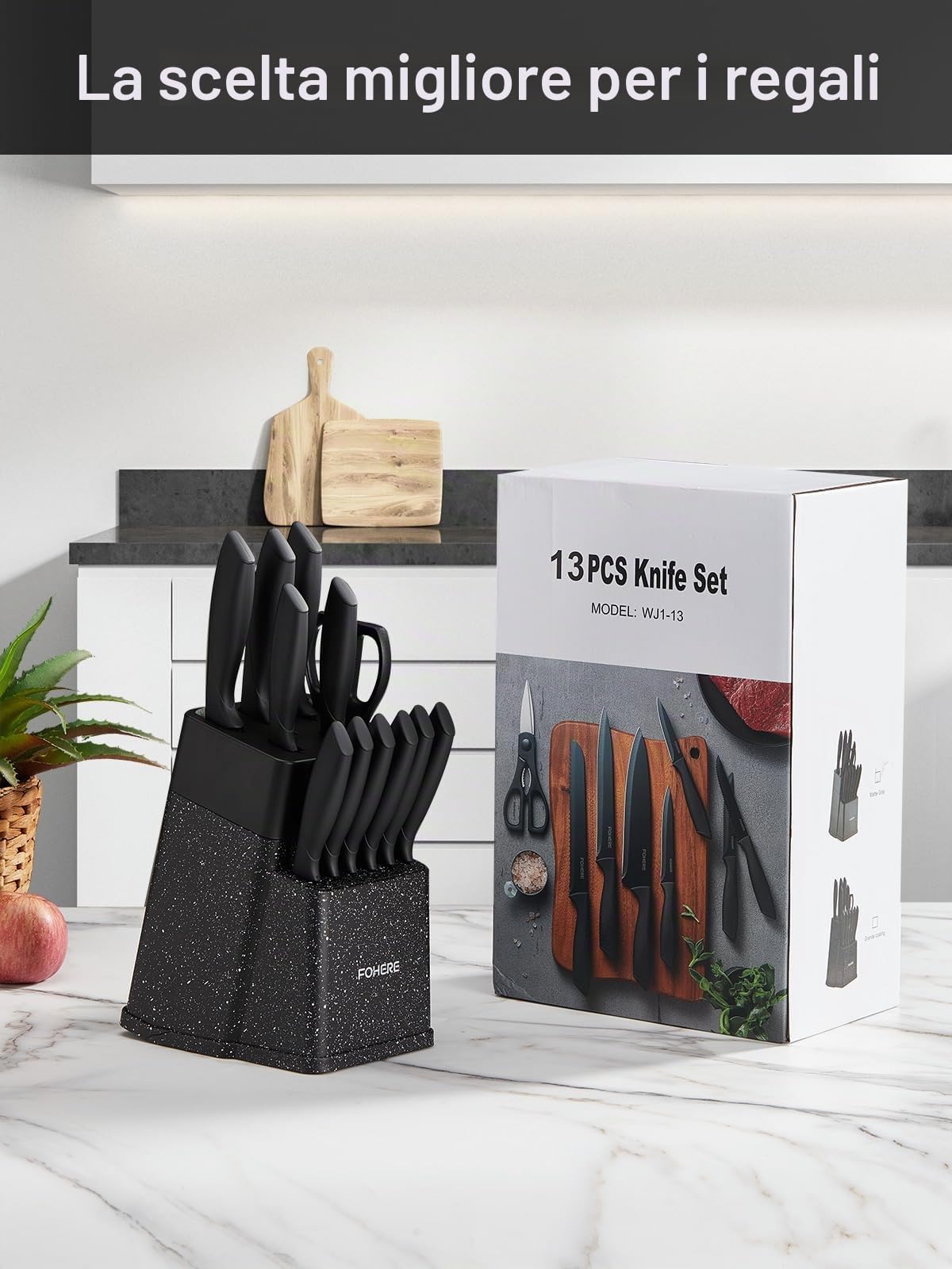 FOHERE Set di Coltelli da Cucina con Autoaffilante, 13 Pezzi, Coltelli da Cucina in Acciaio Inossidabile, Ceppo con Blocco in Plastica, Granito Nero