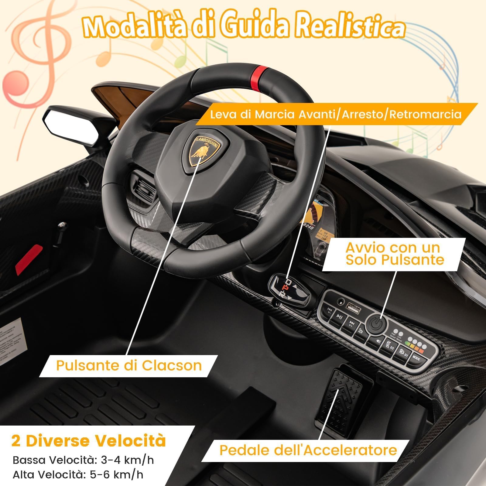 GYMAX Auto Elettrica Lamborghini, Macchina Giocattolo a Trazione Integrale con Telecomando, Luci LED, Funzione USB & MP3 & Dondolo, Veicolo per Bambini 3-8 Anni, Velocità 3-6 KM/H (Nero)