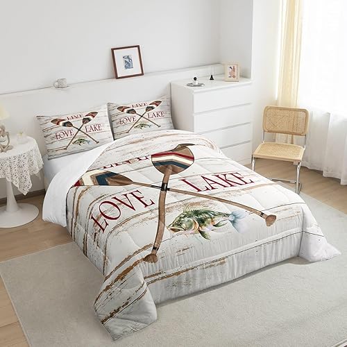 Miniatura 4 de Erosebridal Lake Life - Juego de edredón tamaño Queen, juego de ropa de cama de pez de lucio, remo de hoja de barco, decoración retro de cabaña de