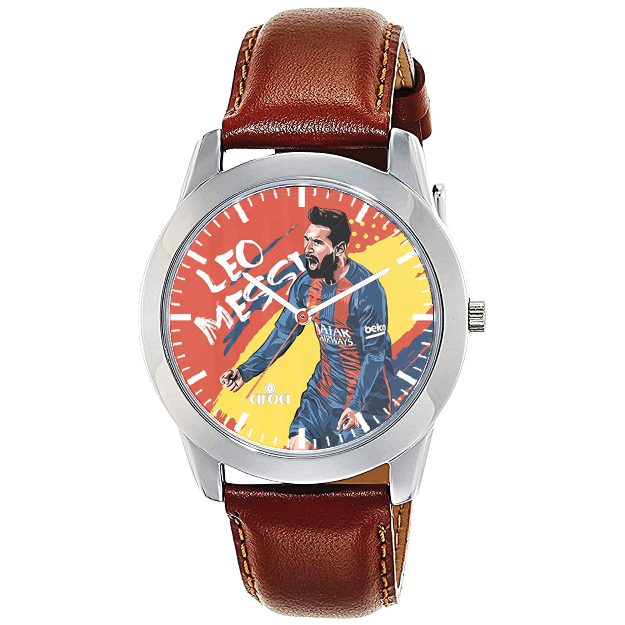 AROA Watch New Watch for Worlds Best Footballer Lionel Messi Model : 115 Steel Metal Type Analog Brown Strap Watch Red and Yellow Dial for Men Stylish Watch for Boys (B0BZHSVW3M) Amazon Price History, Amazon Price Tracker