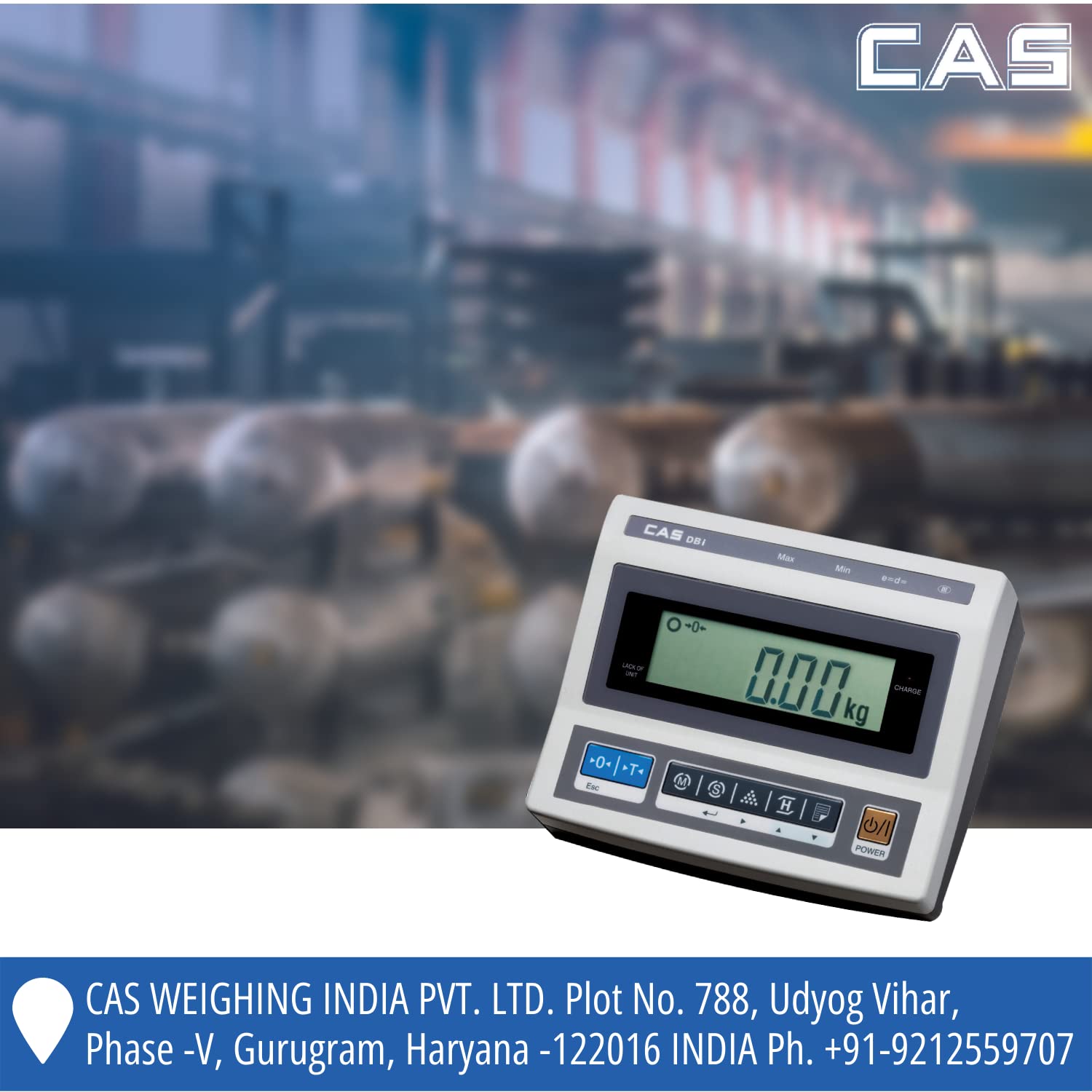 CAS DBI Weighing Indicator connected to a large platform scale, displaying 0.00 kg.