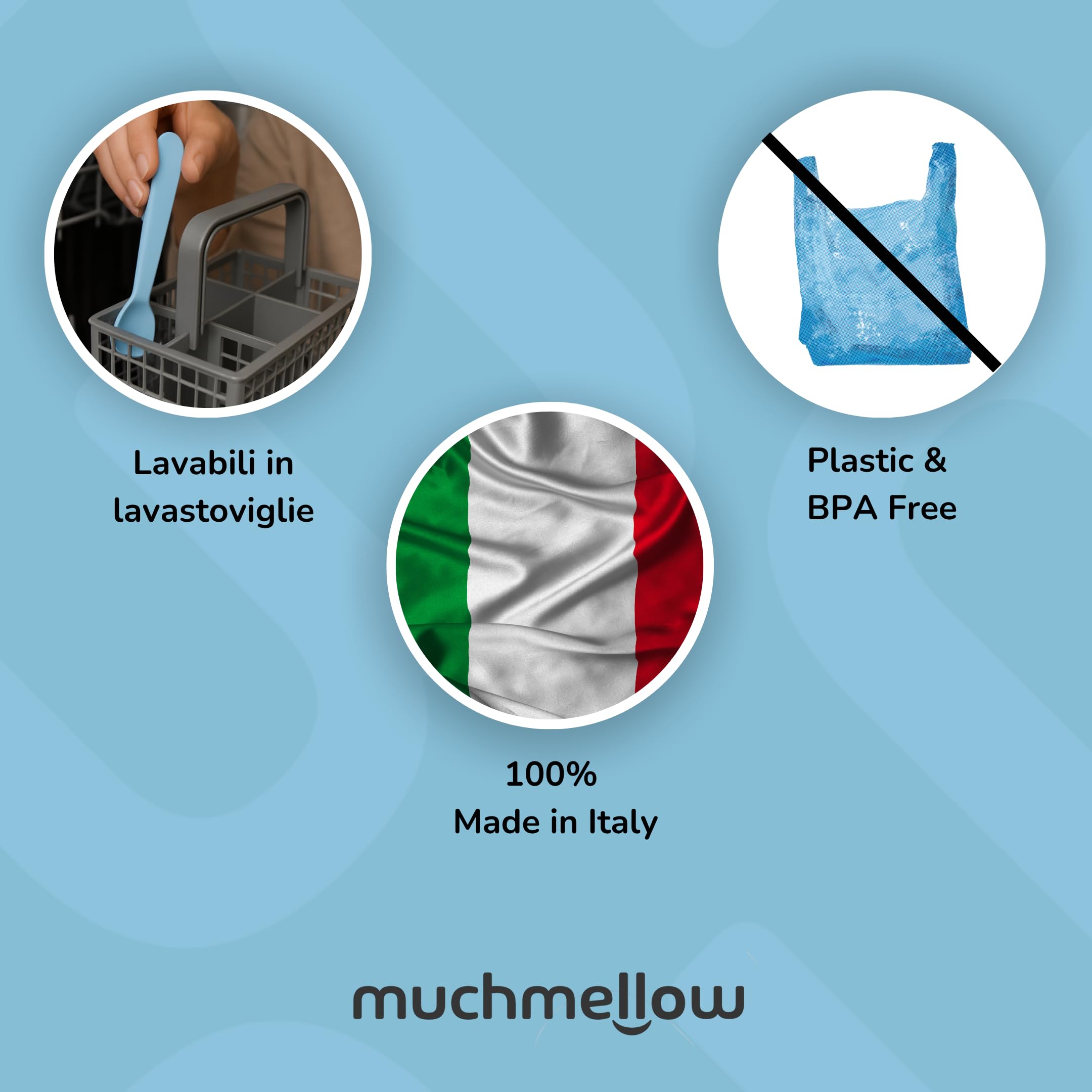 muchmellow - Piatto in Silicone MADE IN ITALY per Svezzamento con 3 Scomparti Divisori e Ventosa Anticaduta, Plastic Free, BPA Free, Lavabile Lavastoviglie (Azzurro)
