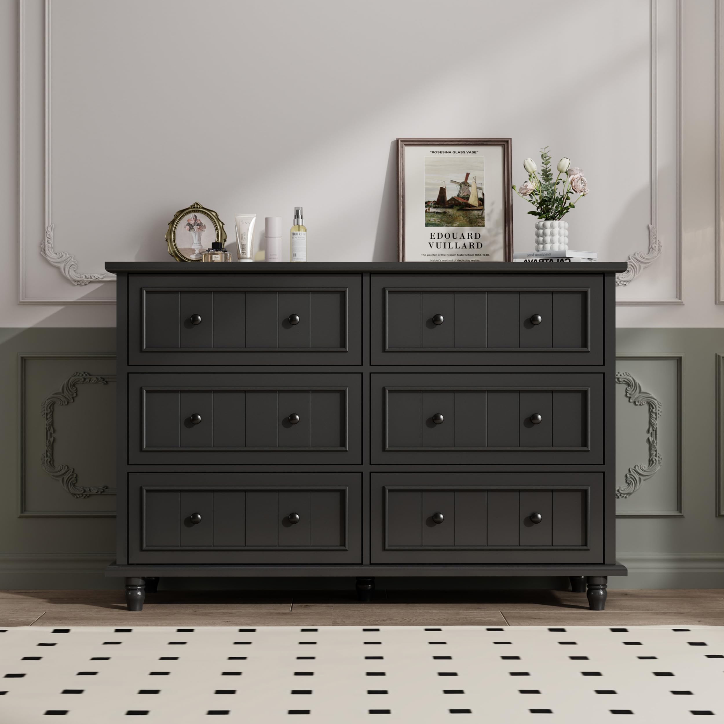 Scurrty 6 Drawer Dresser, Antique Chest of Drawers, Large Cabinet with Storage, Big Dresser for Clothes in Living Room, Bedroom (Black)