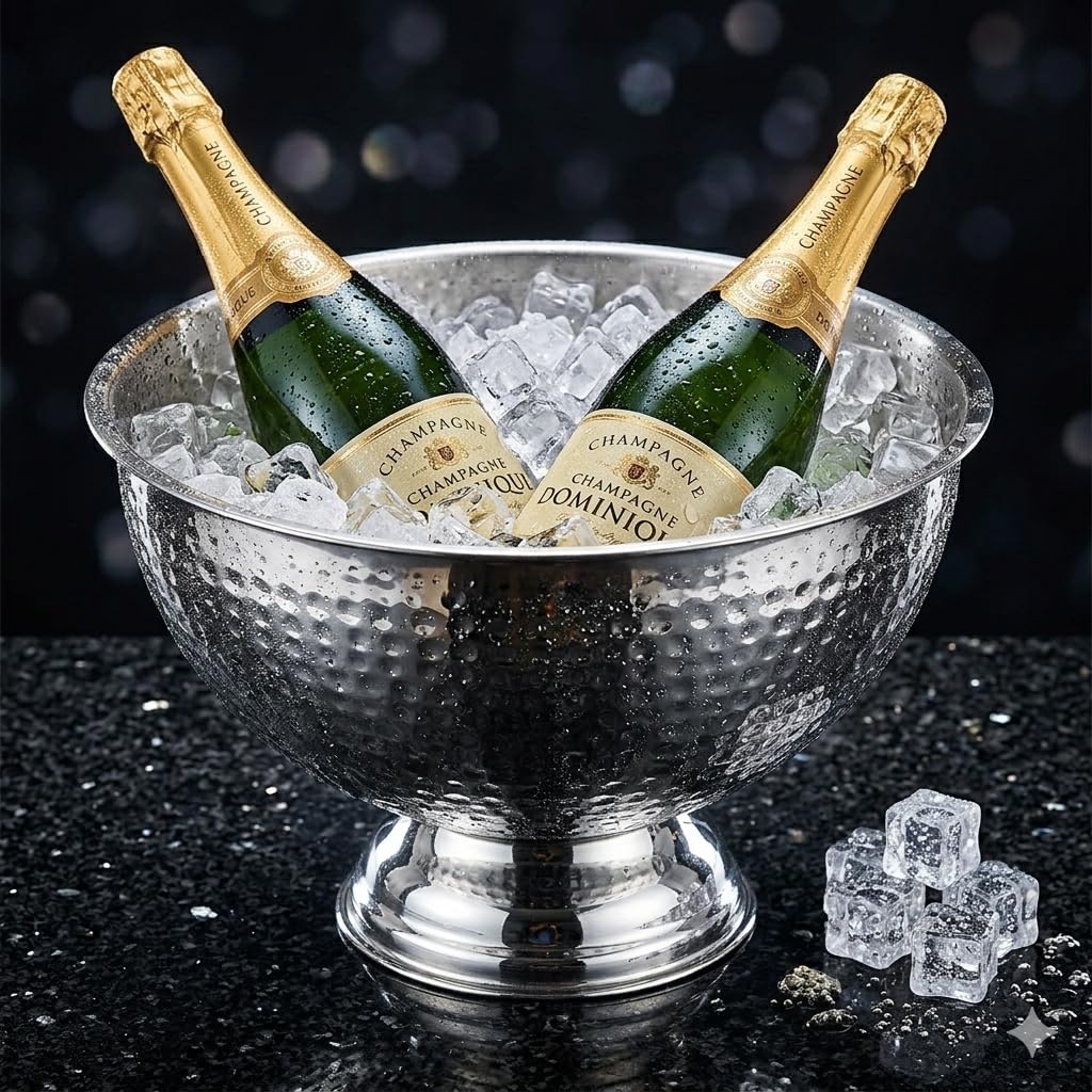 Bourgogne | Champagnerschale aus Edelstahl | Spiegelpoliert & Hammerschlag | Großer Sektkühler Ø 40cm | Weinkühler mit tiefem Standfuß | Elegantes Design für Partys & Events