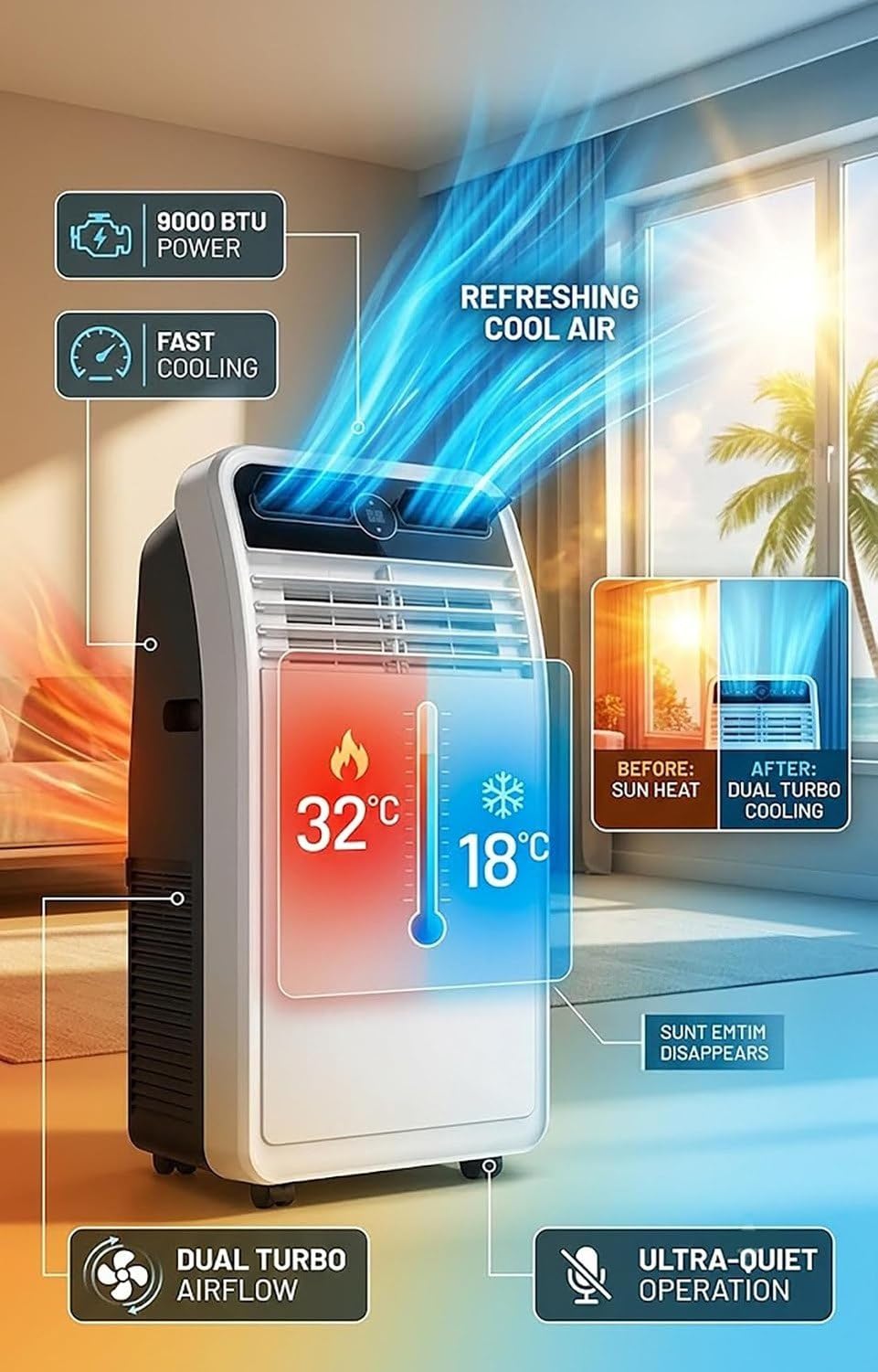 Condizionatore d'Aria Portatile, unità AC Free Standing Senza Installazione, raffreddatore d'ambiente per camere Fino a 40 m², climatizzatore con Tubo di scaric