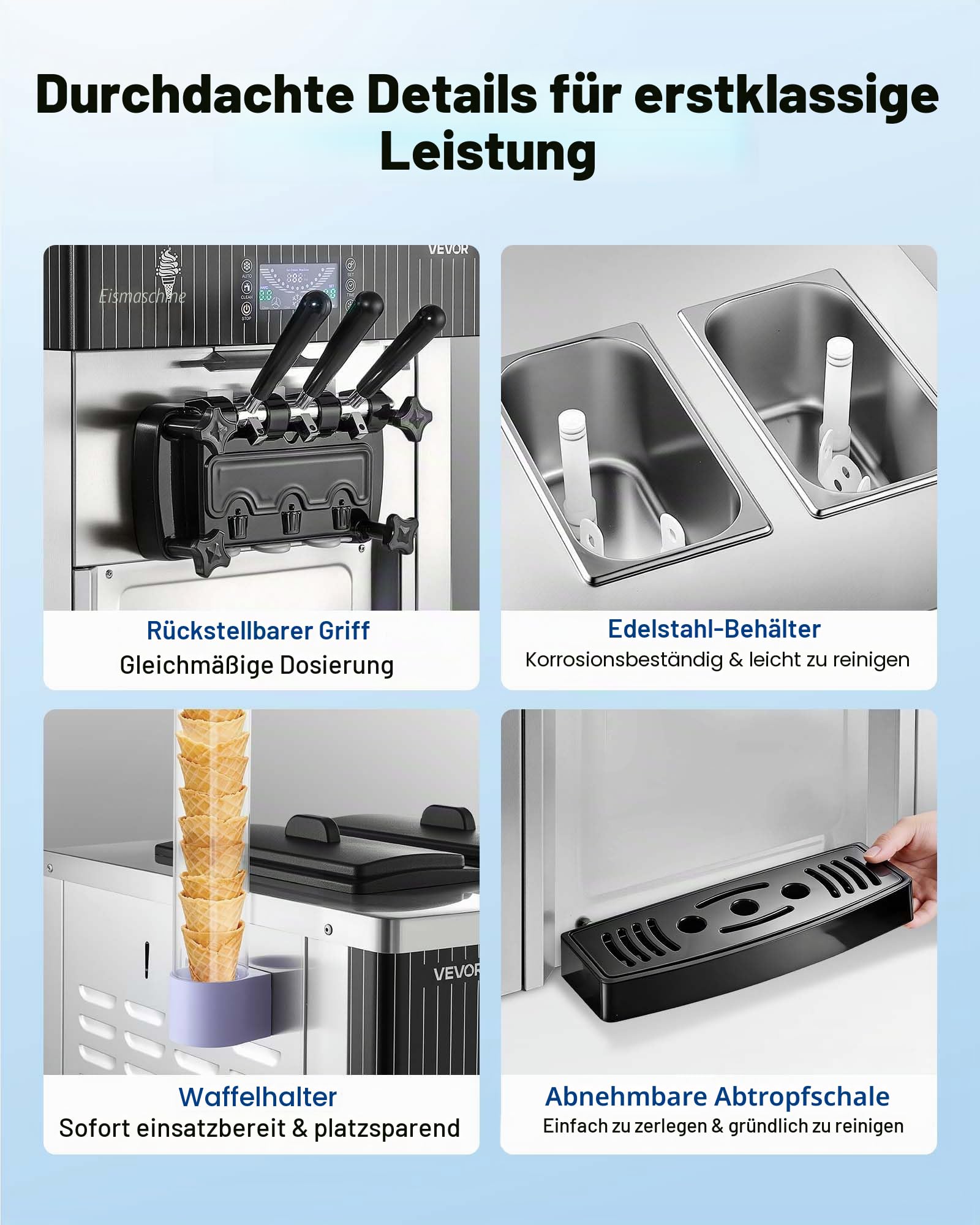 VEVOR Gewerbliche Eismaschine 20-28 L/h Leistung, Softeismaschine 2200 W lmit 2 x Behältern (6 L), Vorkühlung, Selbstreinigung und LED-Display, Tischgerät für Snackbars, Dessertläden und Cafés, Silber