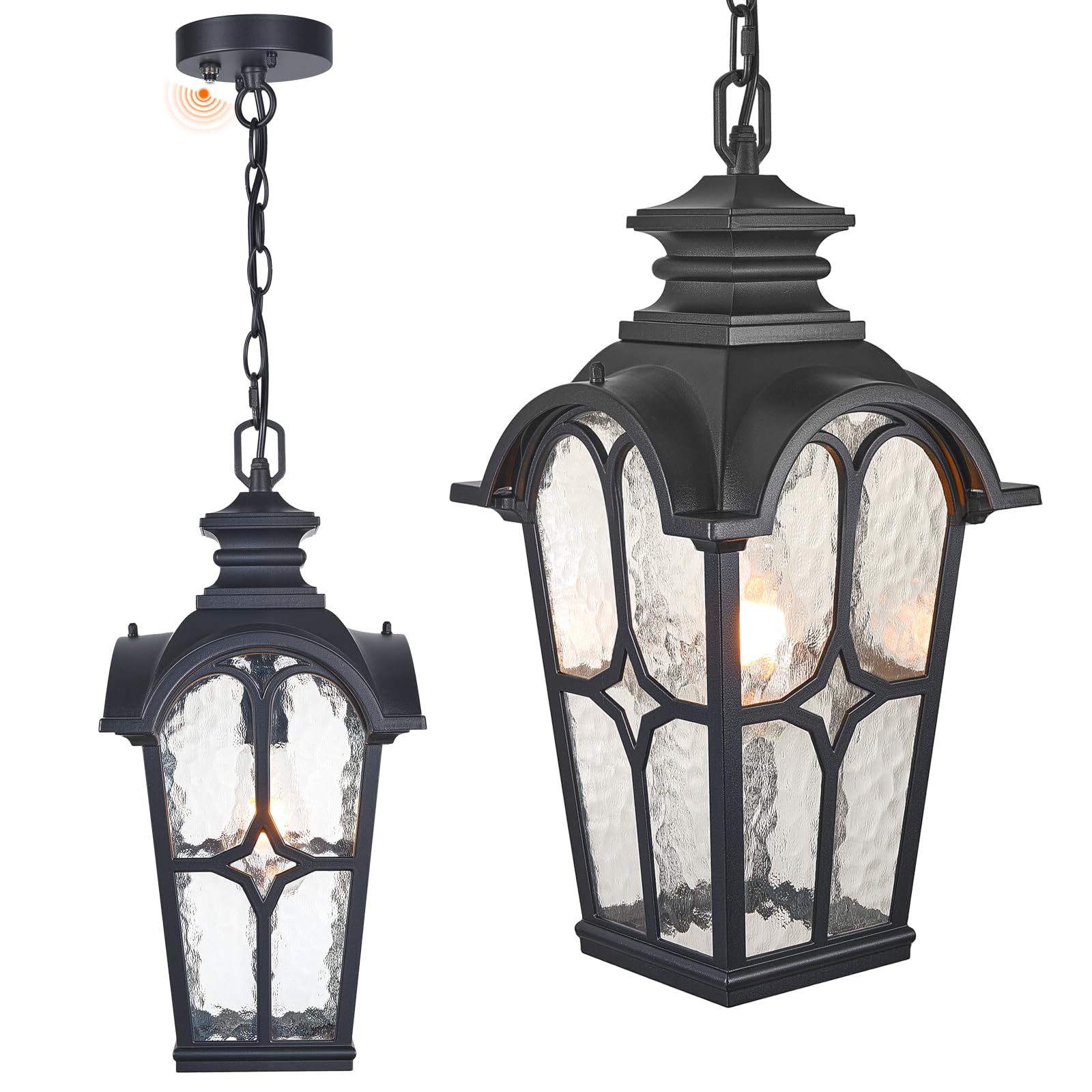 Photo 1 of Jafinou 19 Inch Dusk to Dawn Outdoor Pendant Light, Sand Black Aluminum Exterior Hanging Lantern, Waterproof Outdoor Hanging Light Fixture with Water Ripple Glass for Porch Gazebo Yard