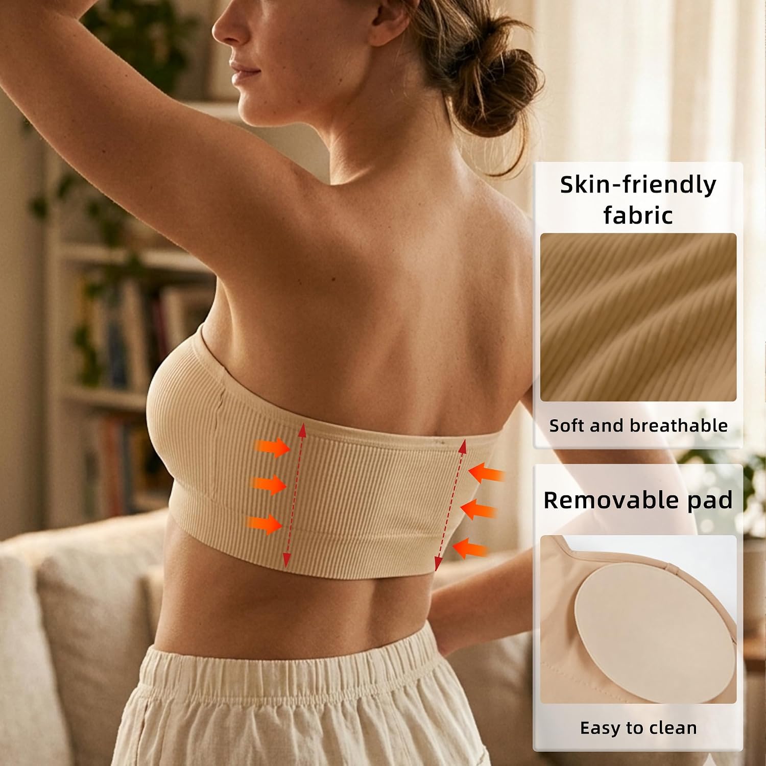Zimcti Strapless Bra for Women - Non-Slip Silicone Grip Bandeau Bra, Wirefree Seamless Tube Top, Removable Pads, Clear Straps