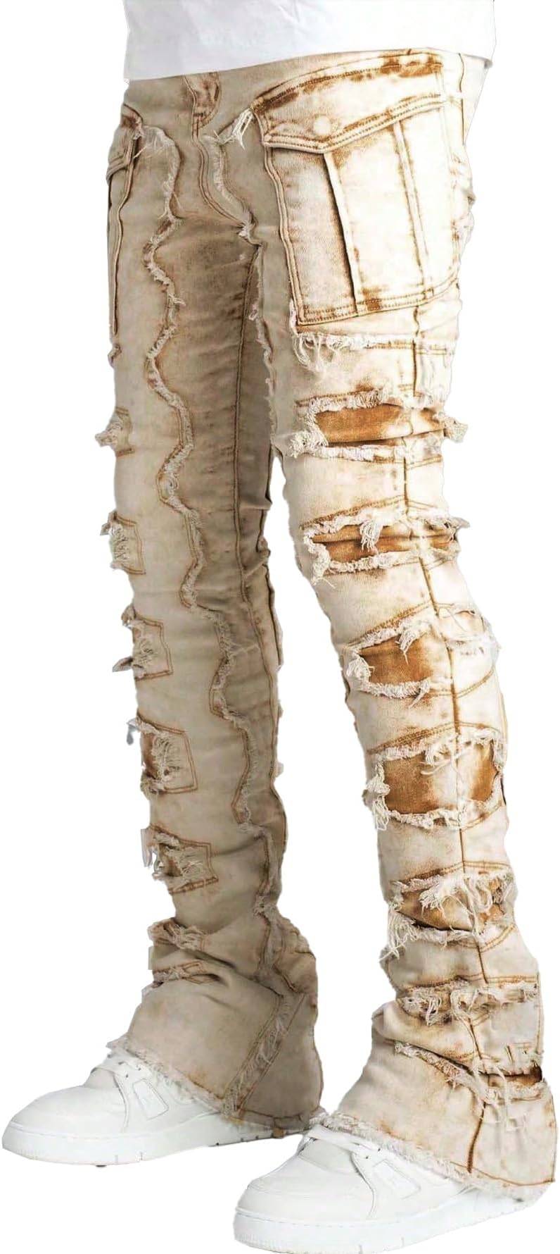 Distressed Ripped Jeans, Blue Denim, Heavily Frayed Straight Leg, Streetwear Style, Unisex